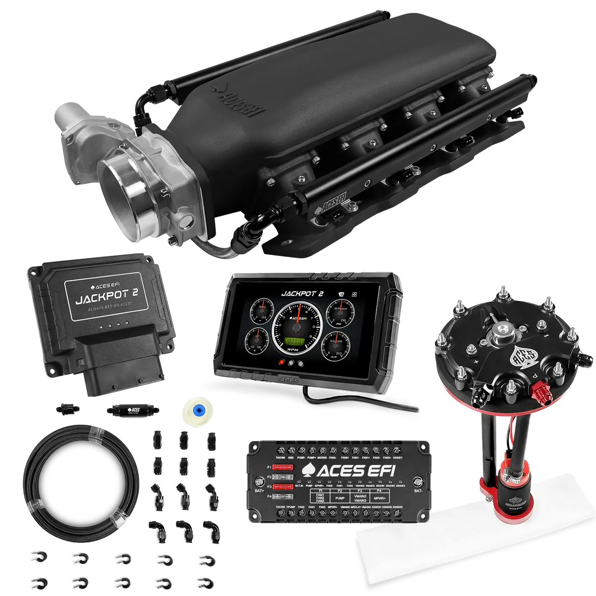 Sistema EFI Jackpot 2 LS - Kit completo con módulo de bomba de conversión de tanque con regulador interno + kit de mangueras de PTFE de 20 pies