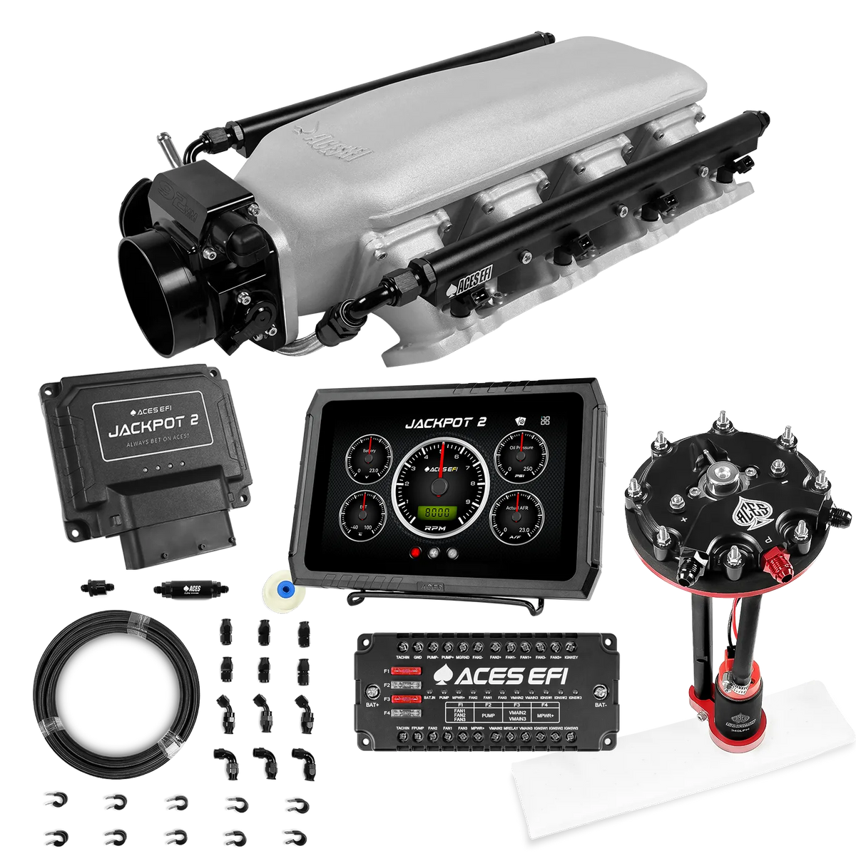 Sistema EFI Jackpot 2 LS - Kit completo con módulo de bomba de conversión de tanque con regulador interno + kit de mangueras de PTFE de 20 pies