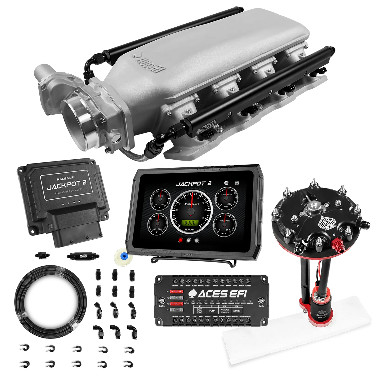 Sistema EFI Jackpot 2 LS - Kit completo con módulo de bomba de conversión de tanque con regulador interno + kit de mangueras de PTFE de 20 pies
