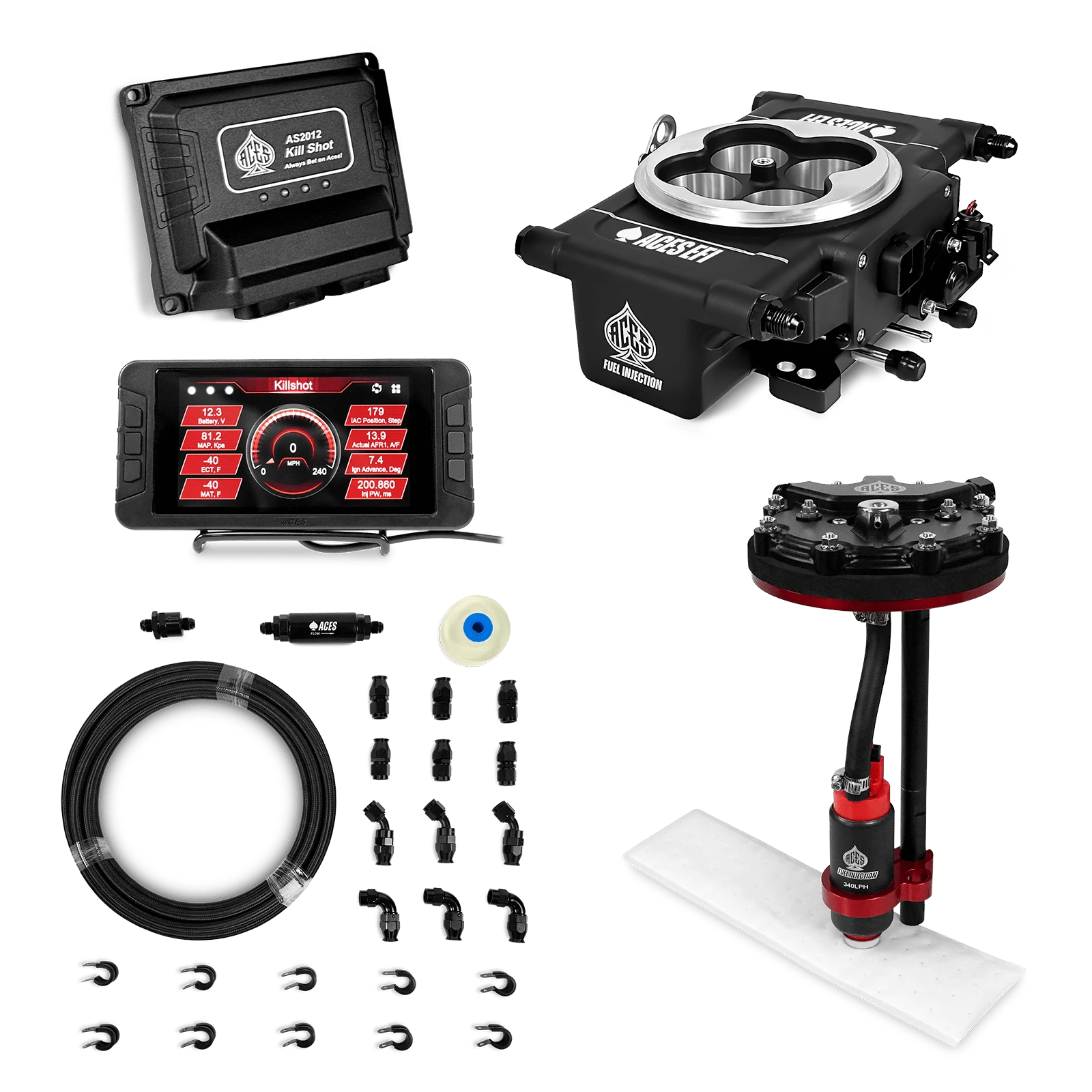 Aces Fuel Injection Black / Tank Conversion Pump Module with Internal Regulator & 20' PTFE Hose Kits (340 LPH) Killshot 4-BBl EFI Fuel Kits
