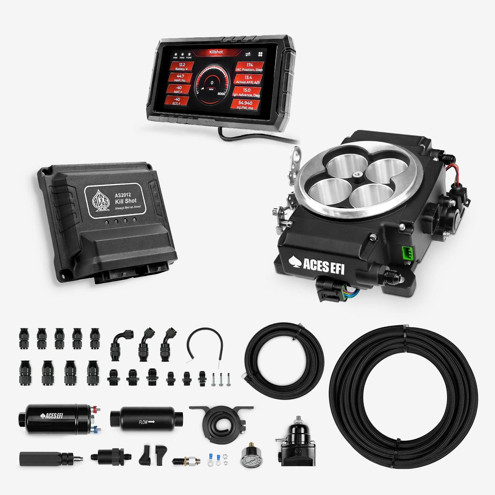 Aces Fuel Injection EFI System 255 In-line Fuel System w/40' PTFE Hose / Black Killshot II 4-bbl EFI System Fuel Kits
