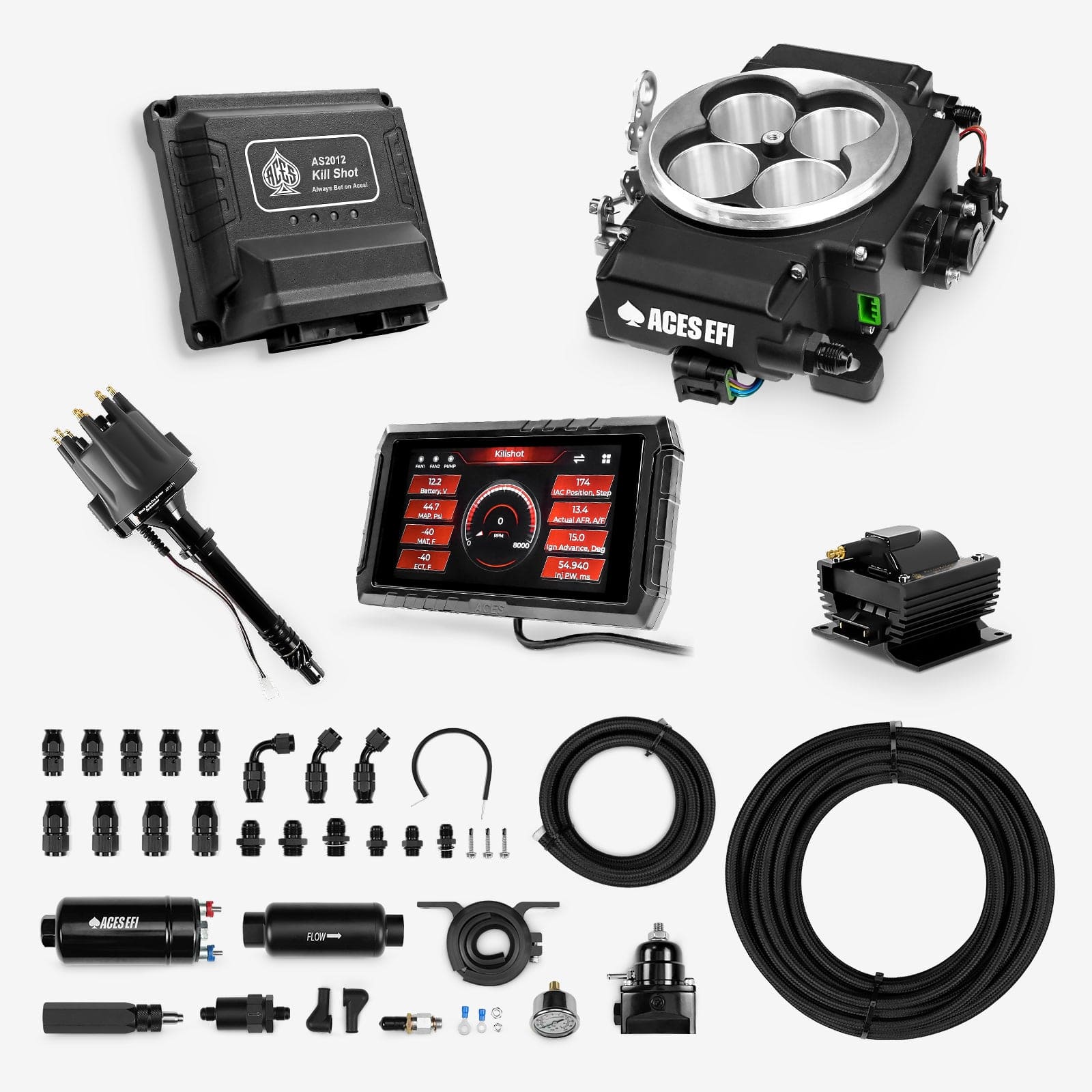 Aces Fuel Injection EFI System Black / 255 In-line Pump System w/40' PTFE Hose / SB/BB Chevy Killshot II 4-bbl EFI System Master Kits