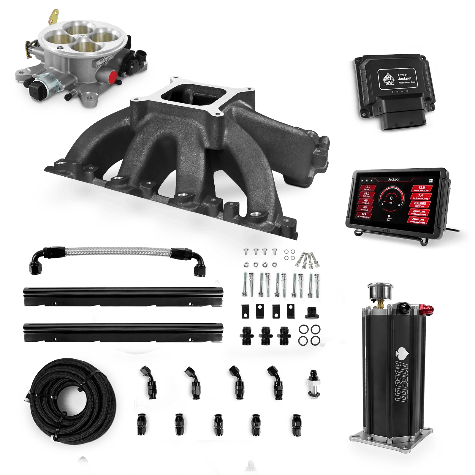 Aces Fuel Injection Jackpot LS - DBC & Manual Trans / 500 HP LS1/LS2/LS6 Hi-Rise Cast Intake (Black) / Cathedral Port Jackpot LS EFI System - Master Kit with Command Center 2 Surge Tank