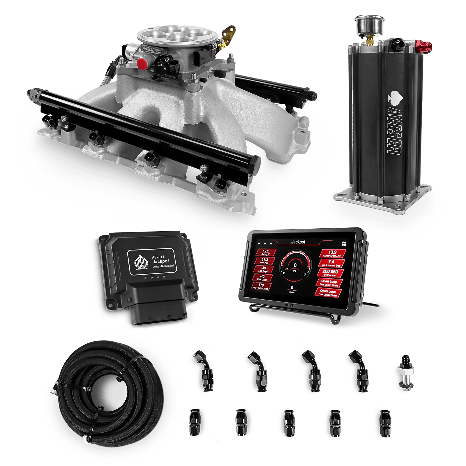 Aces Fuel Injection Jackpot LS - DBC & Manual Trans / 500 HP LS1/LS2/LS6 Hi-Rise Cast Intake (Cast Finish) / Cathedral Port Jackpot LS EFI System - Master Kit with Command Center 2 Surge Tank