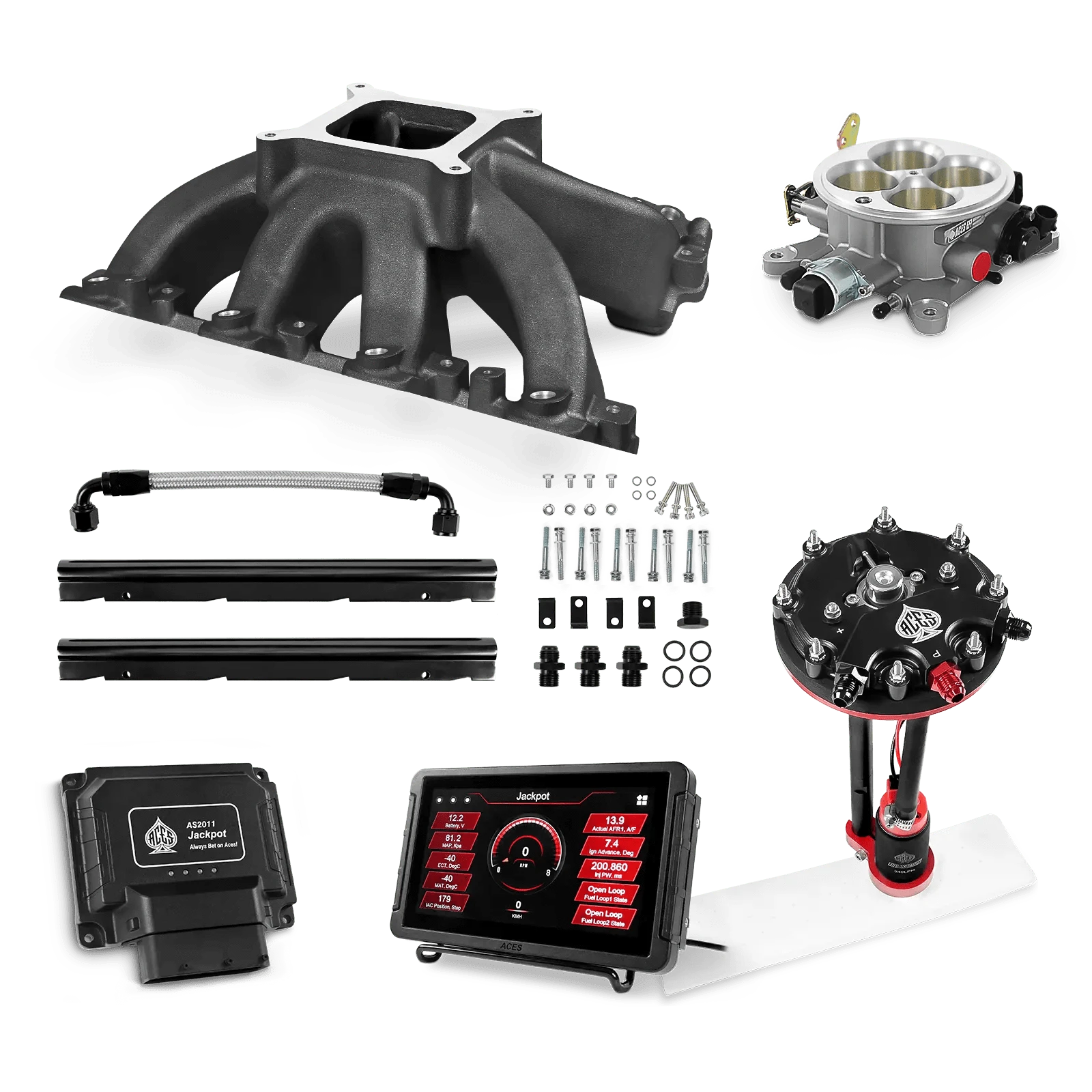Aces Fuel Injection Jackpot LS - DBC & Manual Trans / 500 HP LS1/LS2/LS6 Hi-Rise Intake (Black) / Cathedral Port Jackpot LS EFI System - Master Kit with Tank Conversion Pump Module with Internal Regulator