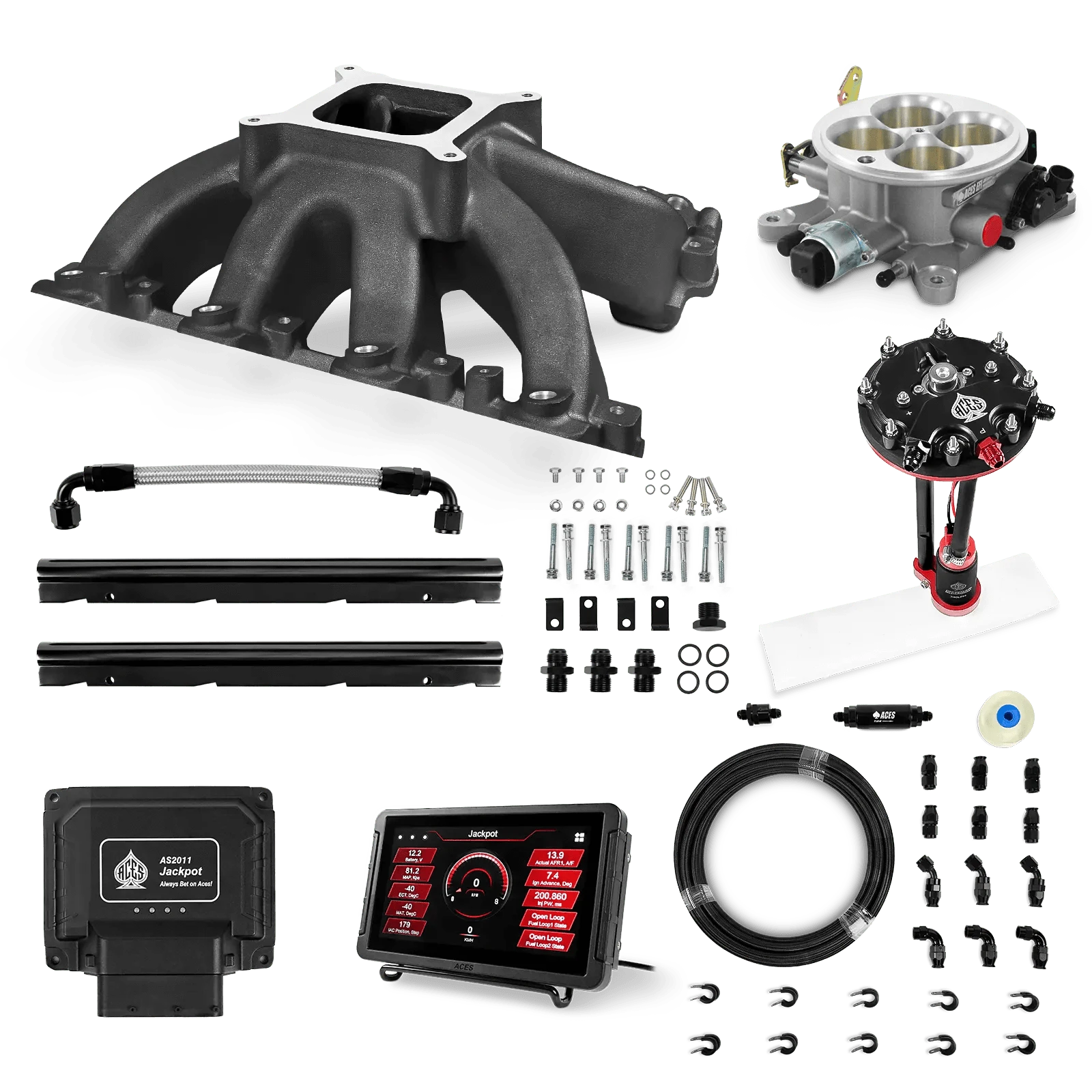Aces Fuel Injection Jackpot LS - DBC & Manual Trans / 500 HP LS1/LS2/LS6 Hi-Rise Intake (Black) / Cathedral Port Jackpot LS EFI System - Master Kit with Tank Conversion Pump Module with Internal Regulator + 20' PTFE Hose Kit