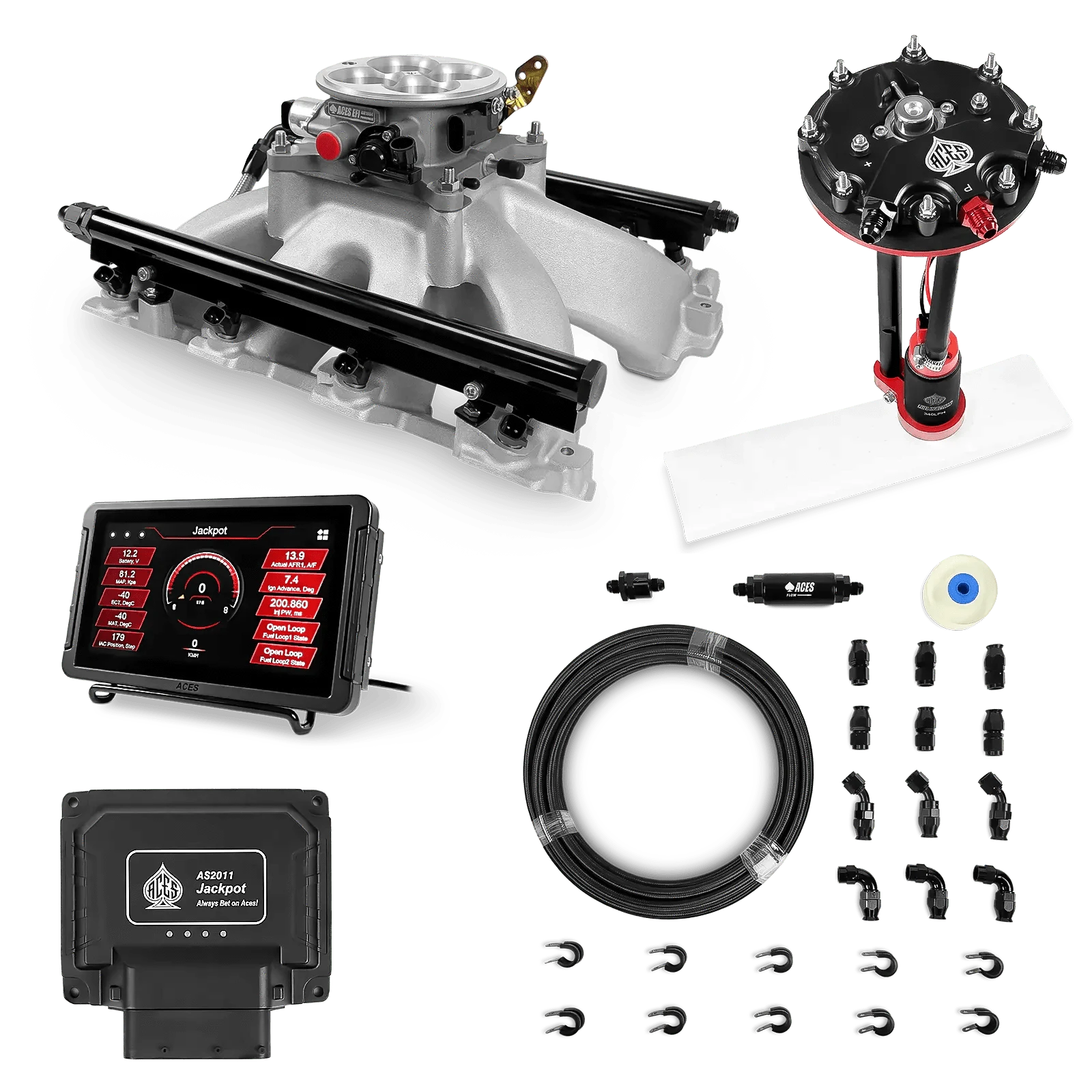 Aces Fuel Injection Jackpot LS - DBC & Manual Trans / 500 HP LS1/LS2/LS6 Hi-Rise Intake / Cathedral Port Jackpot LS EFI System - Master Kit with Tank Conversion Pump Module with Internal Regulator + 20' PTFE Hose Kit