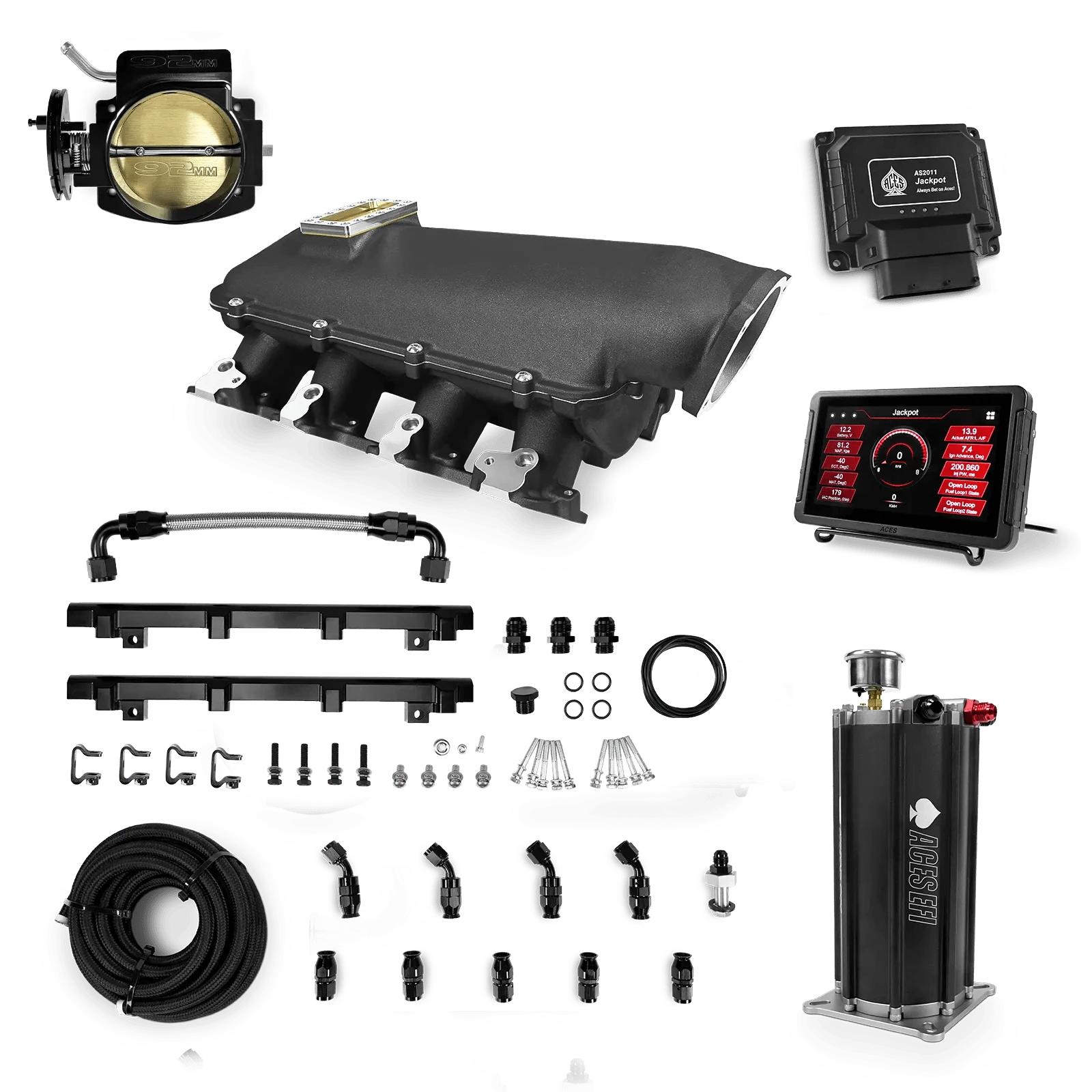 Aces Fuel Injection Jackpot LS - DBC & Manual Trans / 500 HP LS1/LS2/LS6 Lo-Ram Cast Intake (Black) / Cathedral Port Jackpot LS EFI System - Master Kit with Command Center 2 Surge Tank
