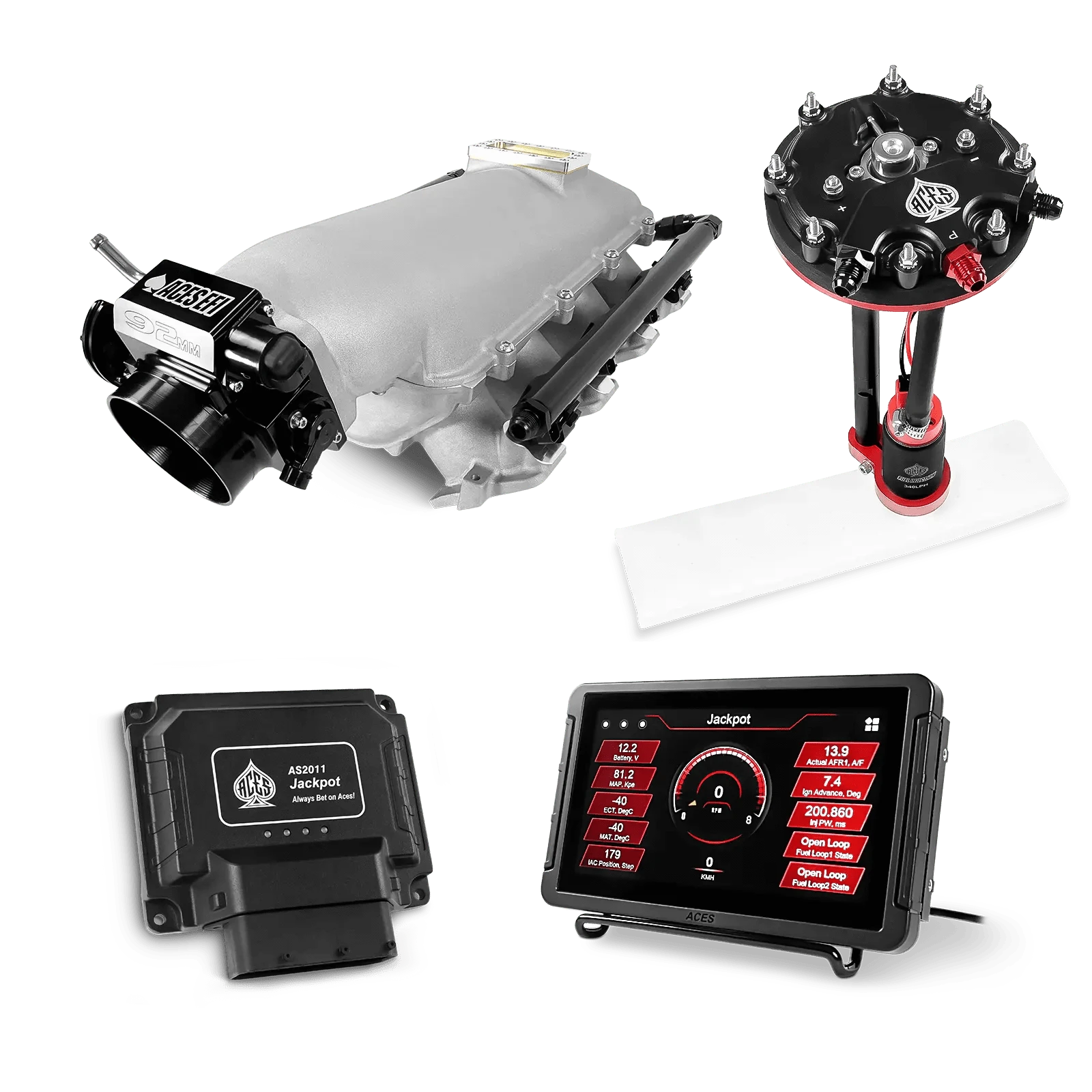 Aces Fuel Injection Jackpot LS - DBC & Manual Trans / 500 HP LS1/LS2/LS6 Lo-Ram Intake (Cast Finish) / Cathedral Port Jackpot LS EFI System - Master Kit with Tank Conversion Pump Module with Internal Regulator