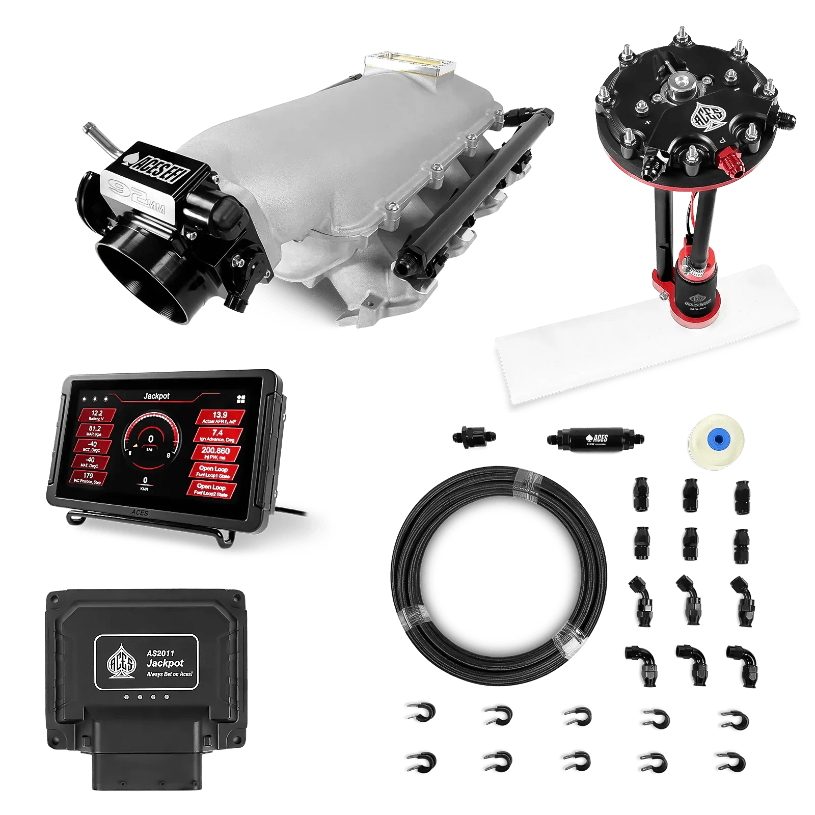 Aces Fuel Injection Jackpot LS - DBC & Manual Trans / 500 HP LS1/LS2/LS6 Lo-Ram Intake / Cathedral Port Jackpot LS EFI System - Master Kit with Tank Conversion Pump Module with Internal Regulator + 20' PTFE Hose Kit