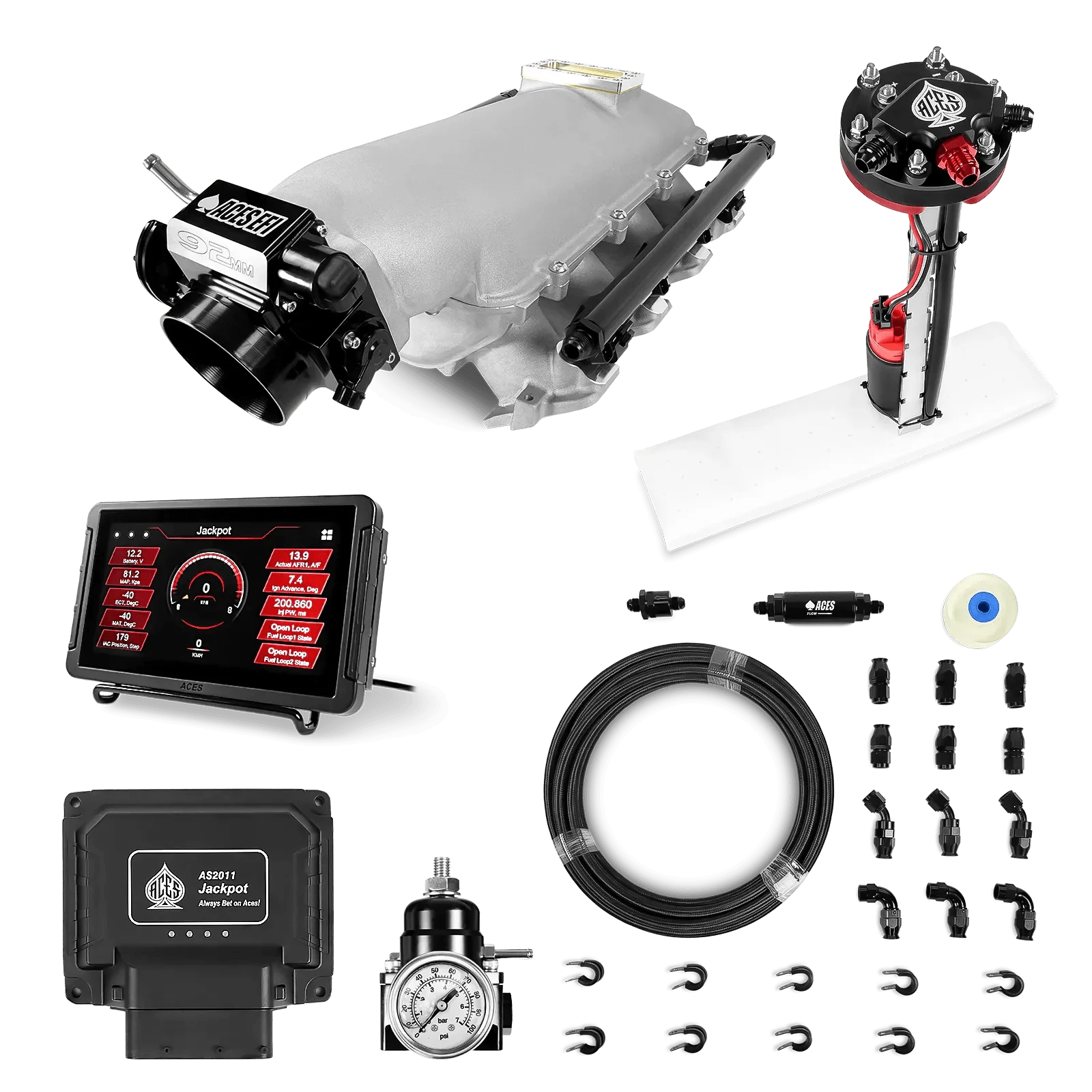Aces Fuel Injection Jackpot LS - DBC & Manual Trans / 500 HP LS1/LS2/LS6 Lo-Ram Intake / Cathedral Port Jackpot LS EFI System - Master Kit with Tight Fit In-Tank Pump Module + 40' PTFE Hose Kit