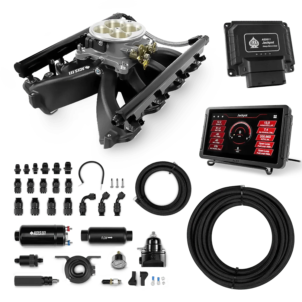 Aces Fuel Injection Jackpot LS - DBC & Manual Trans / 500 HP LS1/LS2/LS6 Mid-Rise Cast Intake (Black) / Cathedral Port Jackpot LS EFI System - Master Kit with 255 In-line Pump System w/40' PTFE Hose