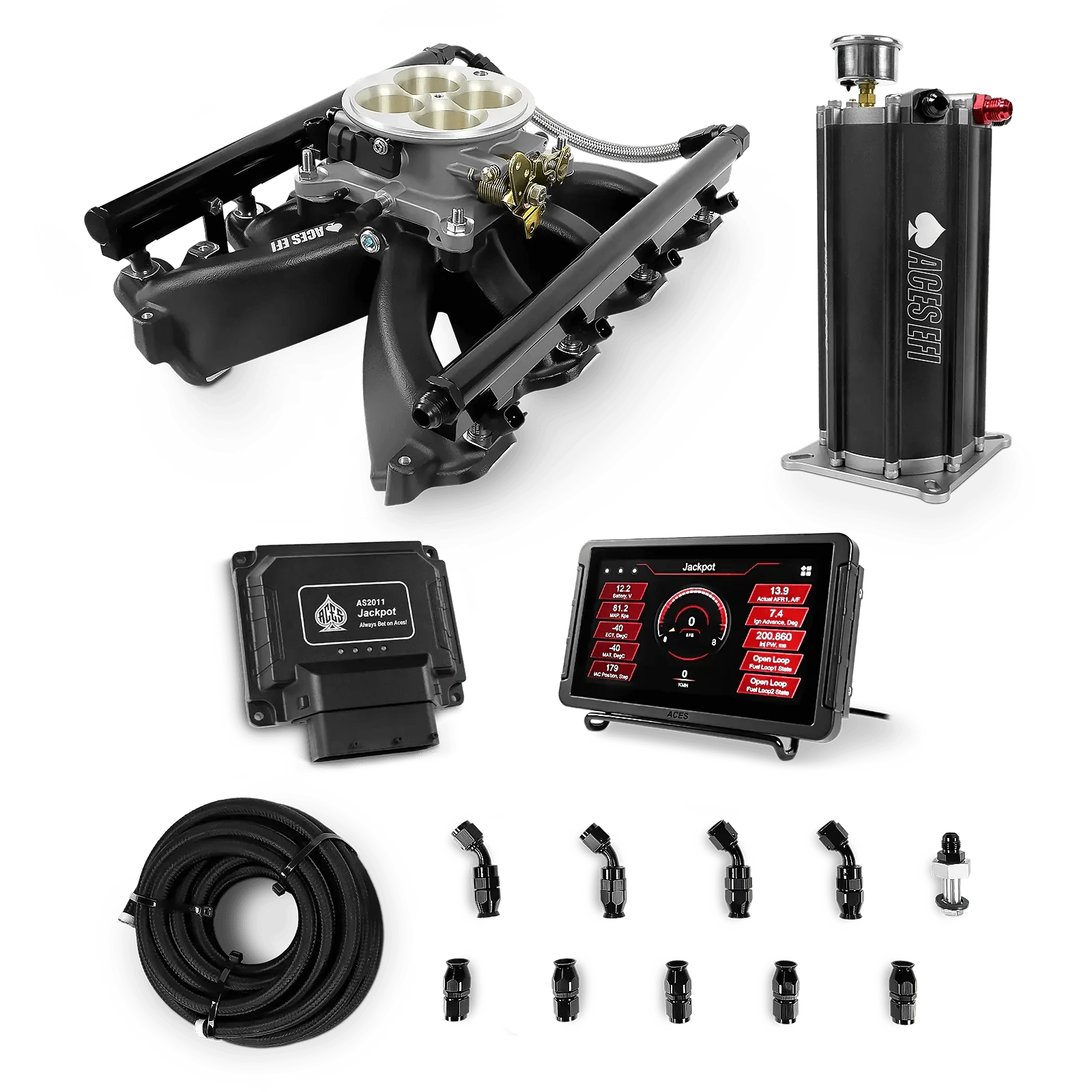 Aces Fuel Injection Jackpot LS - DBC & Manual Trans / 500 HP LS1/LS2/LS6 Mid-Rise Cast Intake (Black) / Cathedral Port Jackpot LS EFI System - Master Kit with Command Center 2 Surge Tank