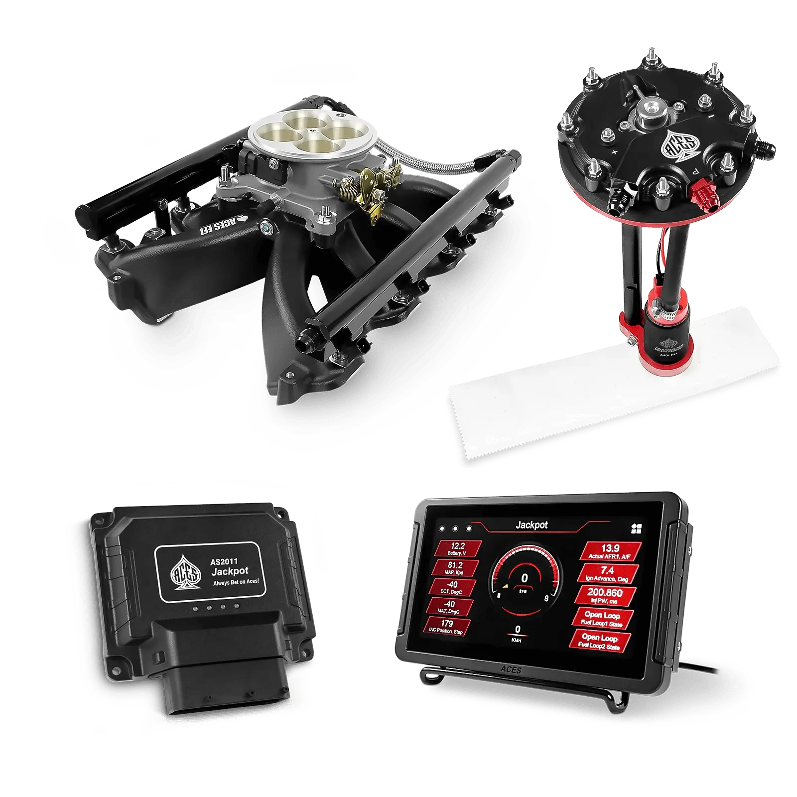 Aces Fuel Injection Jackpot LS - DBC & Manual Trans / 500 HP LS1/LS2/LS6 Mid-Rise Intake (Black) / Cathedral Port Jackpot LS EFI System - Master Kit with Tank Conversion Pump Module with Internal Regulator