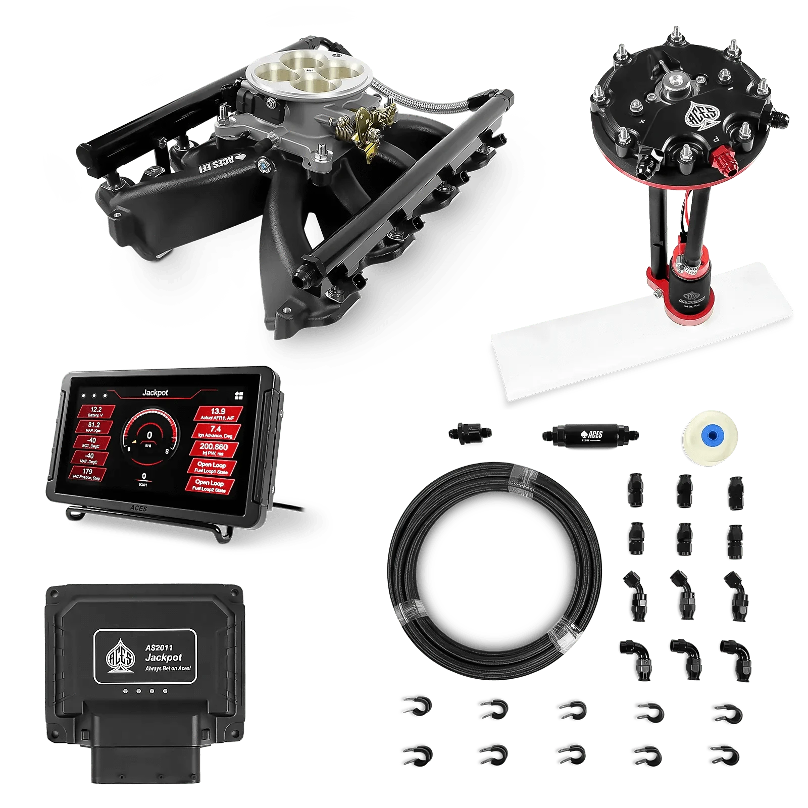 Aces Fuel Injection Jackpot LS - DBC & Manual Trans / 500 HP LS1/LS2/LS6 Mid-Rise Intake (Black) / Cathedral Port Jackpot LS EFI System - Master Kit with Tank Conversion Pump Module with Internal Regulator + 20' PTFE Hose Kit