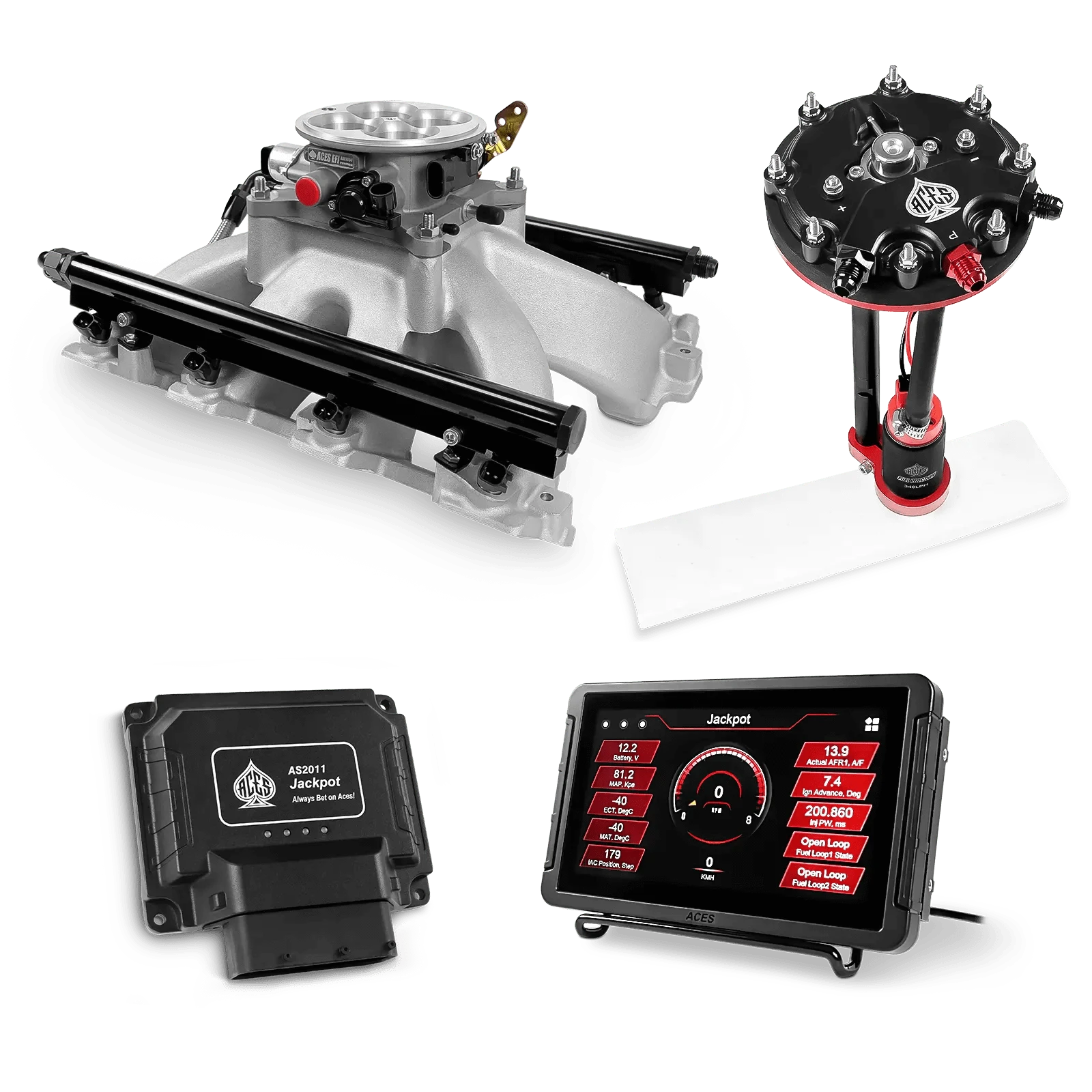 Aces Fuel Injection Jackpot LS - DBC & Manual Trans / 500 HP LS1/LS2/LS6 Mid-Rise Intake (Cast Finish) / Cathedral Port Jackpot LS EFI System - Master Kit with Tank Conversion Pump Module with Internal Regulator