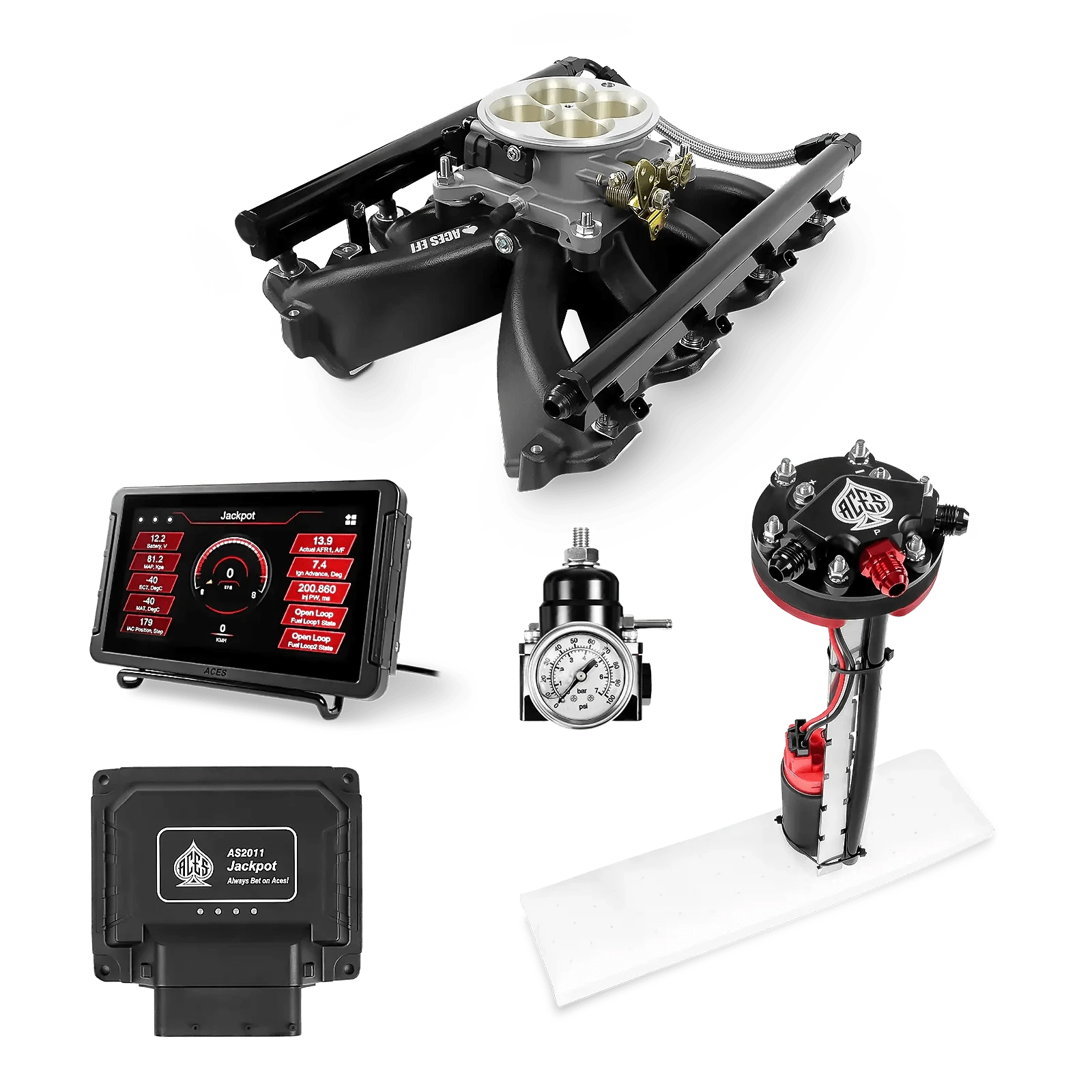 Aces Fuel Injection Jackpot LS - DBC & Manual Trans / 500 HP LS1/LS2/LS6 Midrise Intake (Black) / Cathedral Port Jackpot LS EFI System - Master Kit with Tight Fit In-Tank Pump Module