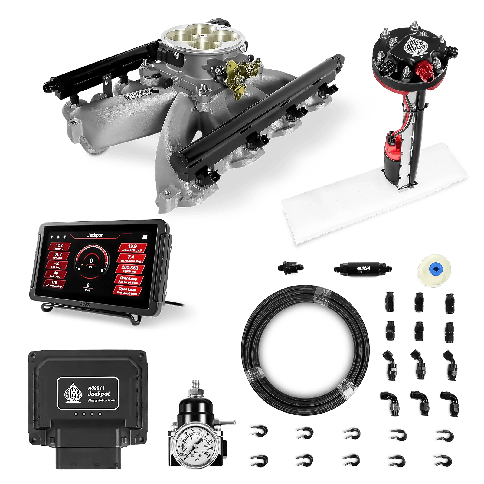 Aces Fuel Injection Jackpot LS - DBC & Manual Trans / 500 HP LS1/LS2/LS6 Midrise Intake / Cathedral Port Jackpot LS EFI System - Master Kit with Tight Fit In-Tank Pump Module + 40' PTFE Hose Kit