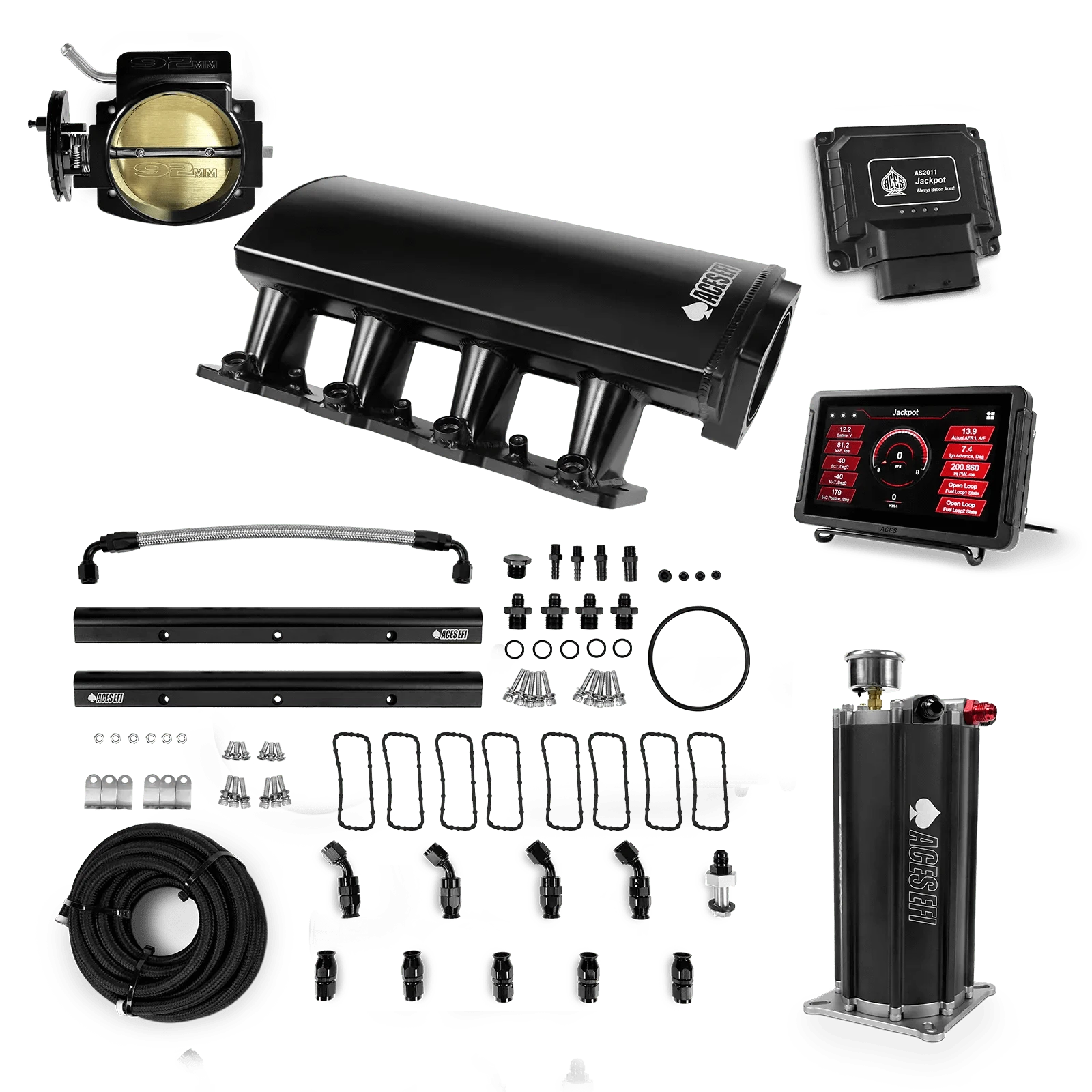 Aces Fuel Injection Jackpot LS - DBC & Manual Trans / 500 HP LS1/LS2/LS6 Short Fabricated Intake / Cathedral Port Jackpot LS EFI System - Master Kit with Command Center 2 Surge Tank