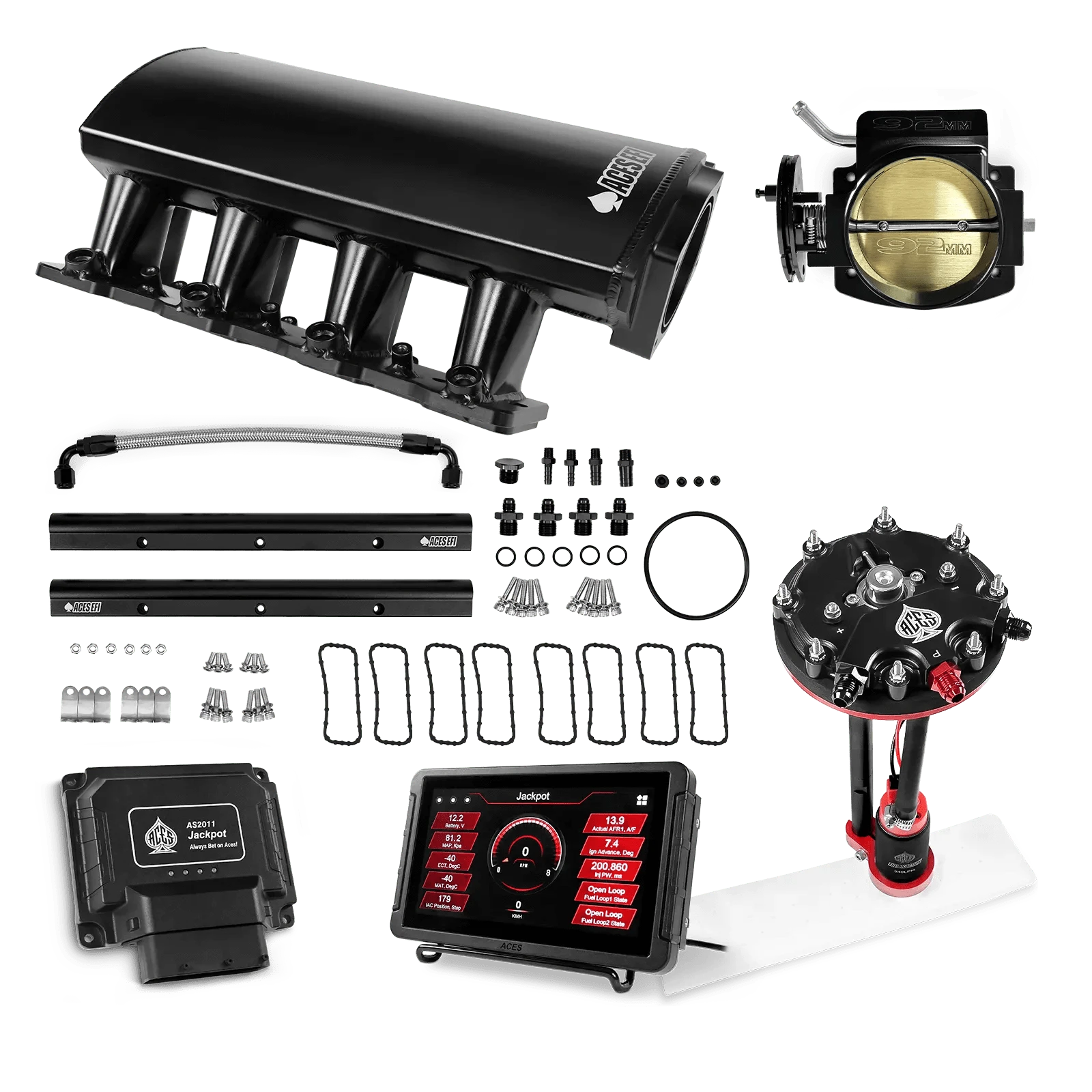 Aces Fuel Injection Jackpot LS - DBC & Manual Trans / 500 HP LS1/LS2/LS6 Short Fabricated Intake / Cathedral Port Jackpot LS EFI System - Master Kit with Tank Conversion Pump Module with Internal Regulator