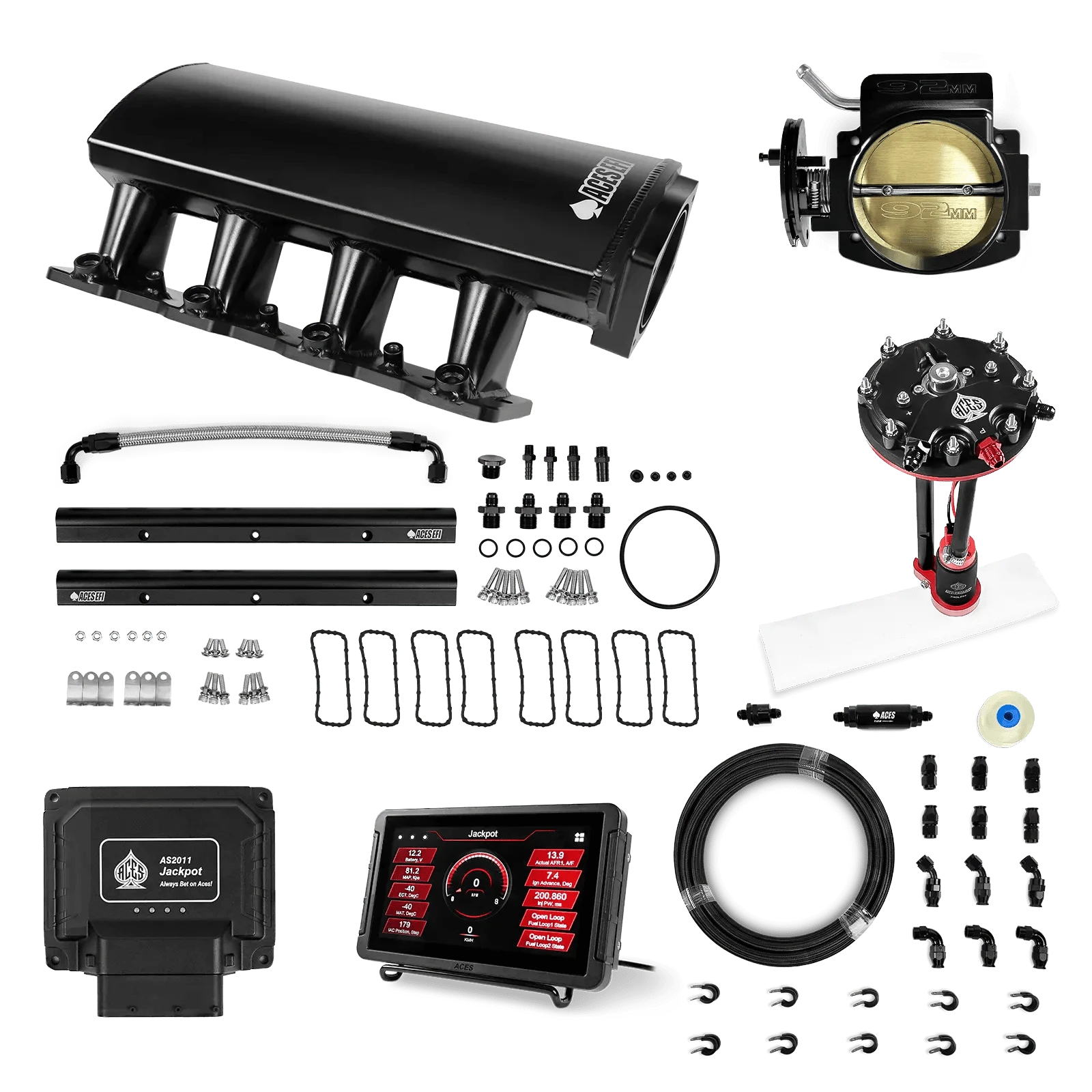 Aces Fuel Injection Jackpot LS - DBC & Manual Trans / 500 HP LS1/LS2/LS6 Short Fabricated Intake / Cathedral Port Jackpot LS EFI System - Master Kit with Tank Conversion Pump Module with Internal Regulator + 20' PTFE Hose Kit