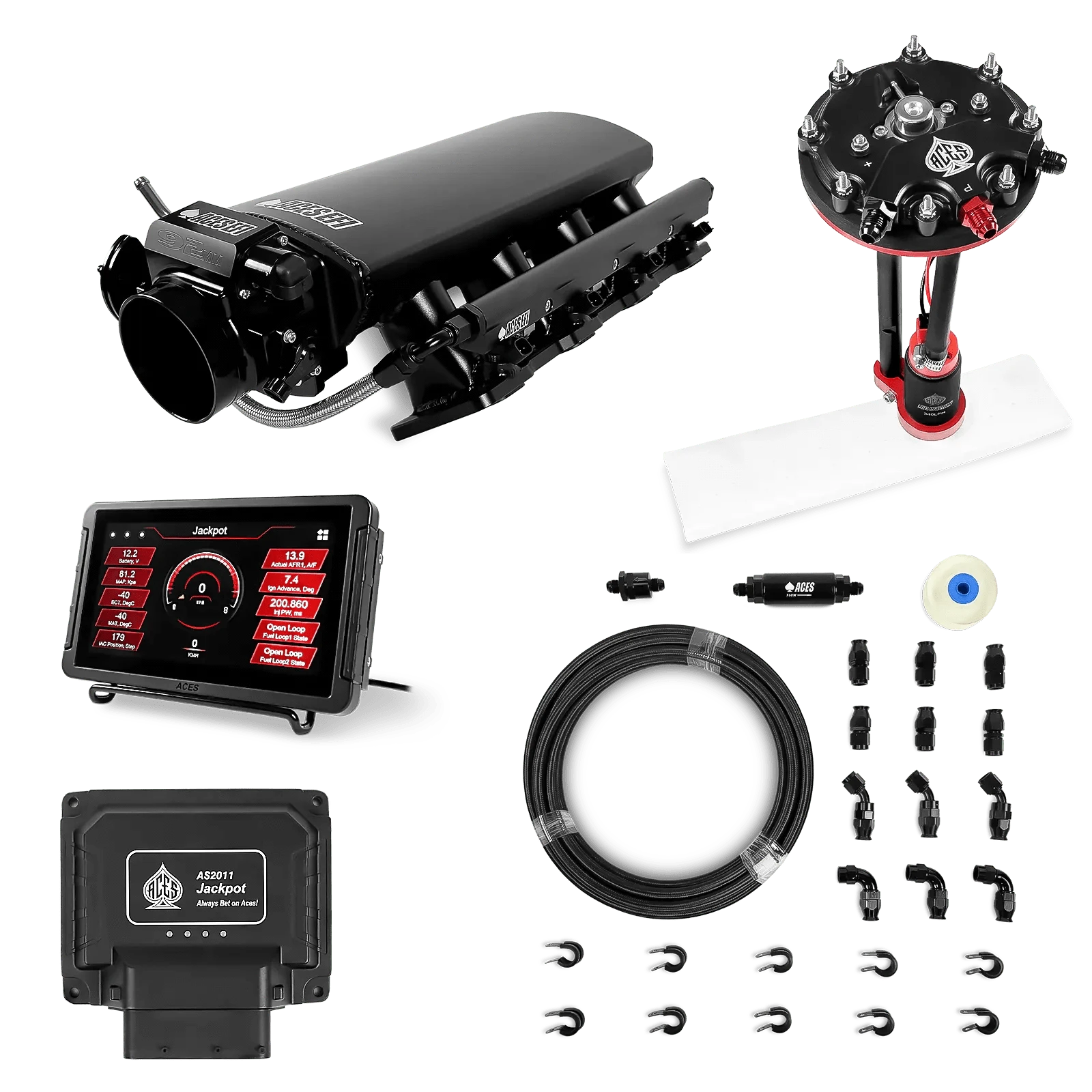 Aces Fuel Injection Jackpot LS - DBC & Manual Trans / 500 HP LS1/LS2/LS6 Tall Fabricated Intake / Cathedral Port Jackpot LS EFI System - Master Kit with Tank Conversion Pump Module with Internal Regulator + 20' PTFE Hose Kit