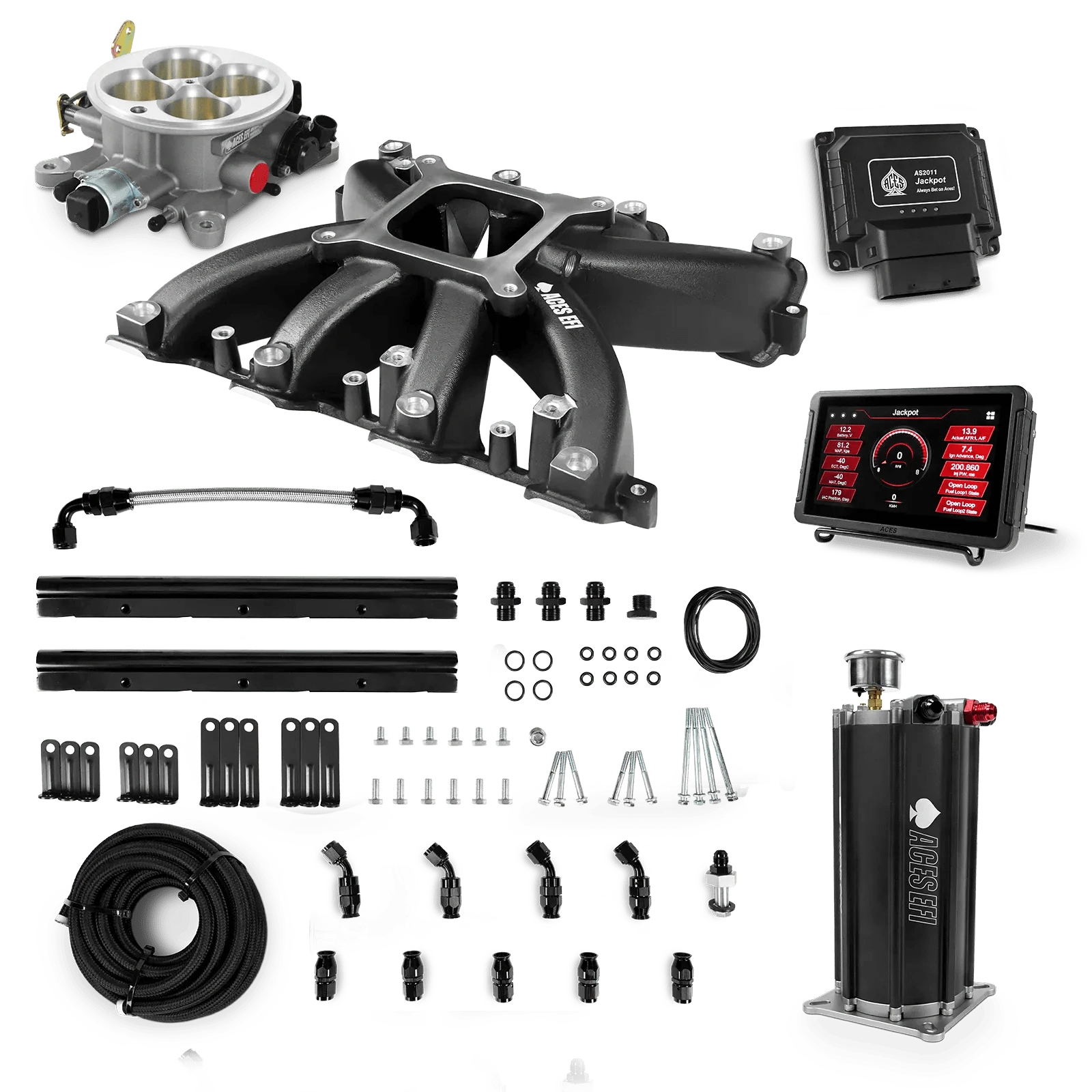 Aces Fuel Injection Jackpot LS - DBC & Manual Trans / 500 HP LS3/LS92 Mid-Rise Cast Intake (Black) / Rectangle Port Jackpot LS EFI System - Master Kit with Command Center 2 Surge Tank