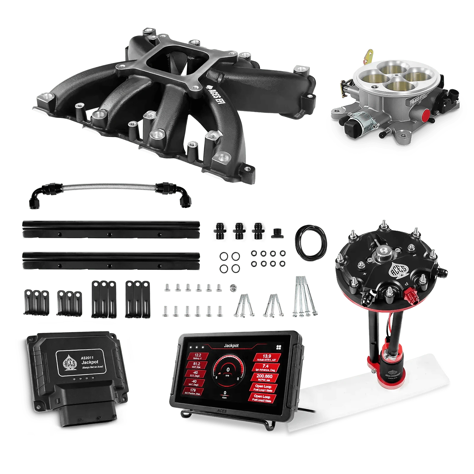 Aces Fuel Injection Jackpot LS - DBC & Manual Trans / 500 HP LS3/LS92 Mid-Rise Intake (Black) / Rectangle Port Jackpot LS EFI System - Master Kit with Tank Conversion Pump Module with Internal Regulator