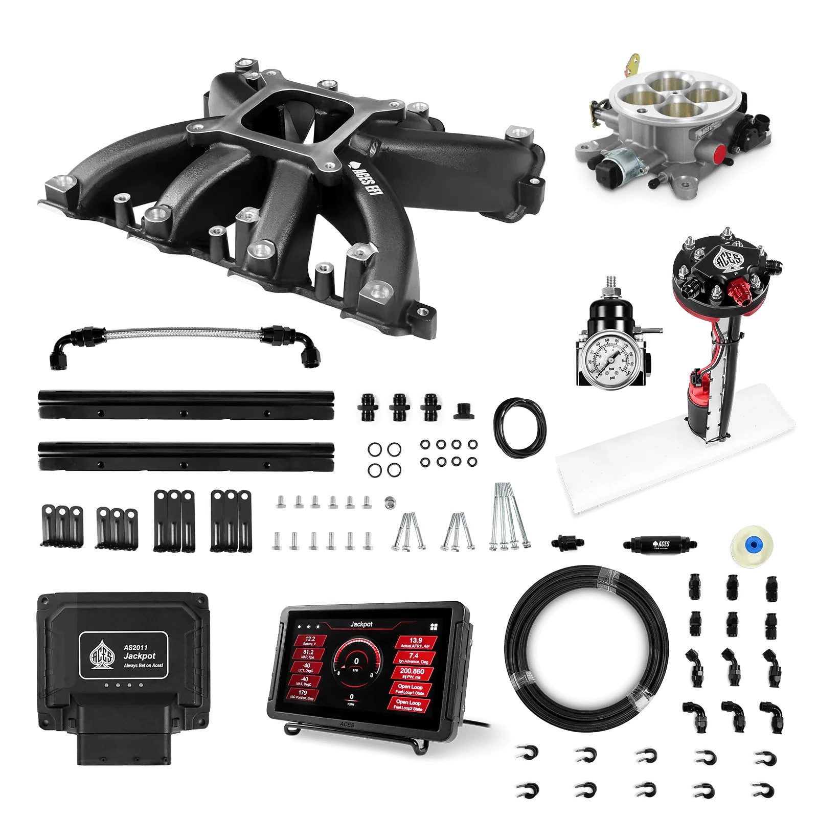 Aces Fuel Injection Jackpot LS - DBC & Manual Trans / 500 HP LS3/LS92 Midrise Intake (Black) / Rectangle Port Jackpot LS EFI System - Master Kit with Tight Fit In-Tank Pump Module + 40' PTFE Hose Kit