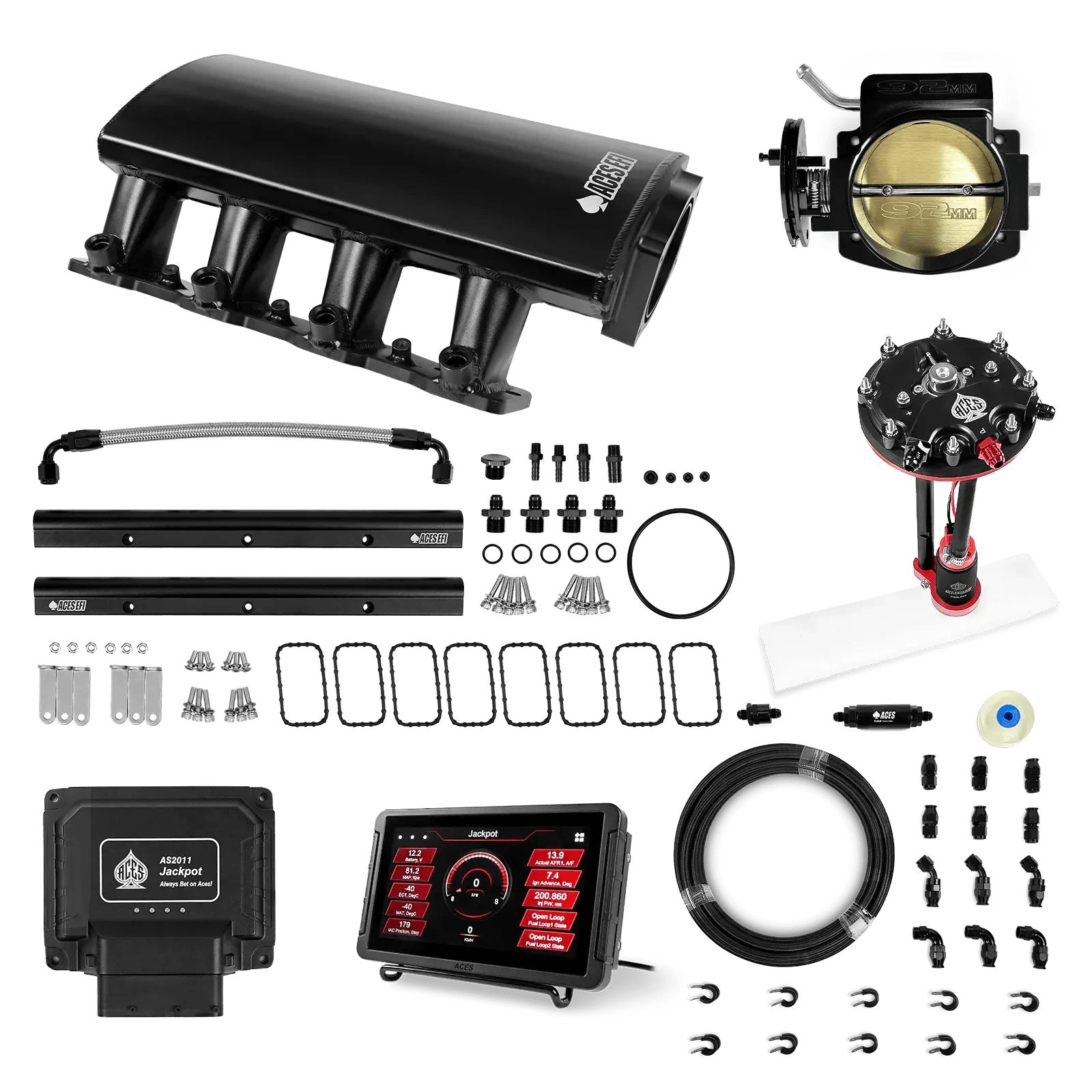 Aces Fuel Injection Jackpot LS - DBC & Manual Trans / 500 HP LS3/LS92 Short Fabricated Intake / Rectangle Port Jackpot LS EFI System - Master Kit with Tank Conversion Pump Module with Internal Regulator + 20' PTFE Hose Kit