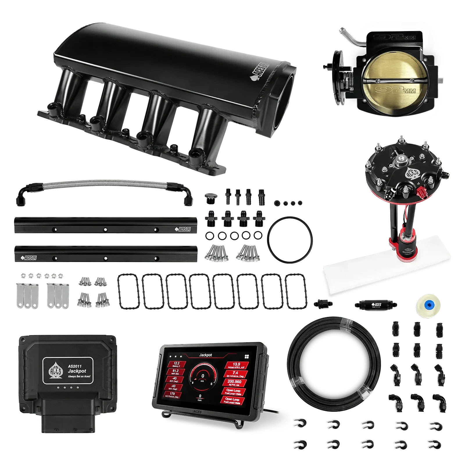 Aces Fuel Injection Jackpot LS - DBC & Manual Trans / 500 HP LS7 Fabricated Intake / Large Rectangle Port Jackpot LS EFI System - Master Kit with Tank Conversion Pump Module with Internal Regulator + 20' PTFE Hose Kit