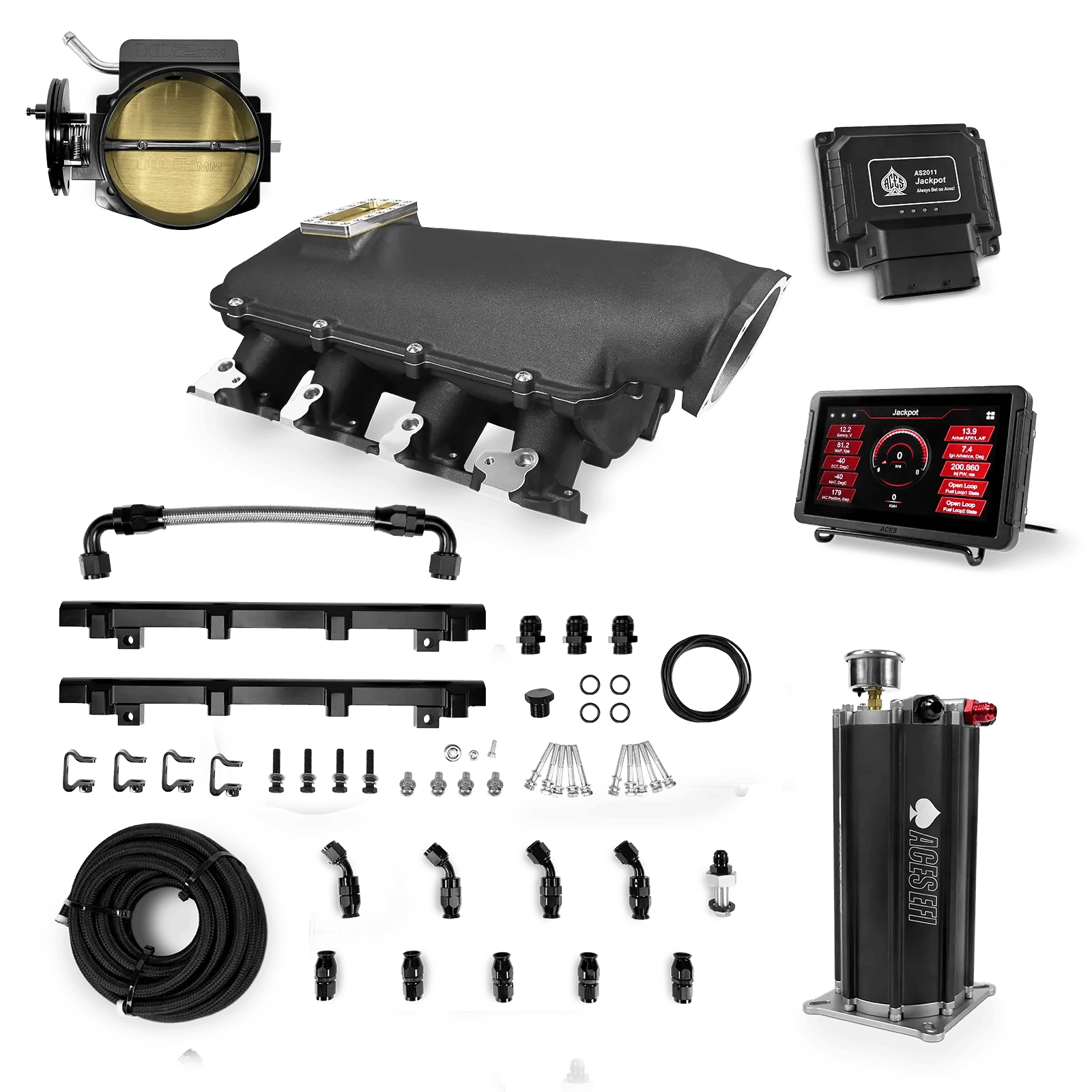 Aces Fuel Injection Jackpot LS - DBC & Manual Trans / 800 HP LS1/LS2/LS6 Lo-Ram Cast Intake (Black) / Cathedral Port Jackpot LS EFI System - Master Kit with Command Center 2 Surge Tank