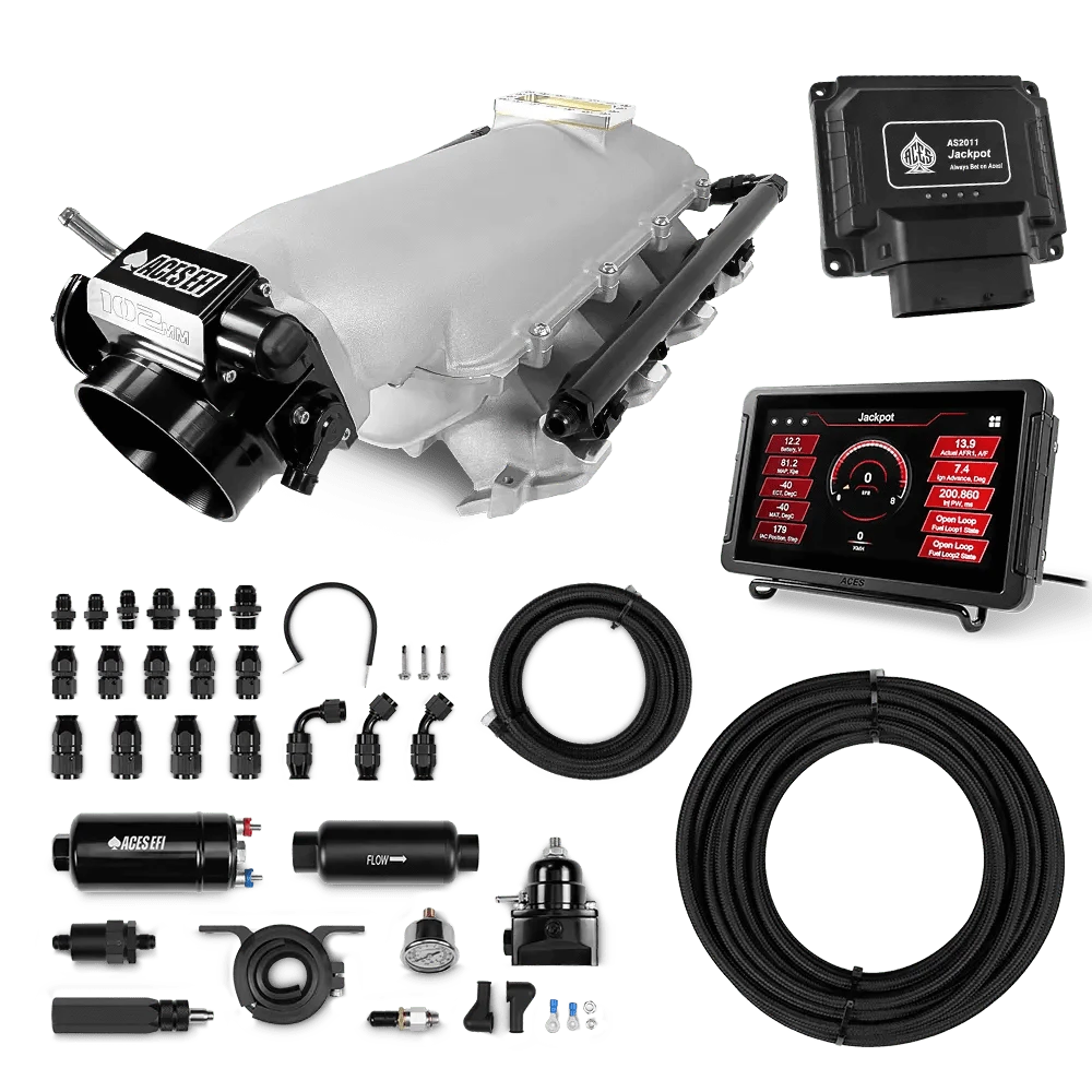 Aces Fuel Injection Jackpot LS - DBC & Manual Trans / 800 HP LS1/LS2/LS6 Lo-Ram Cast Intake (Cast Finish) / Cathedral Port Jackpot LS EFI System - Master Kit with 255 In-line Pump System w/40' PTFE Hose