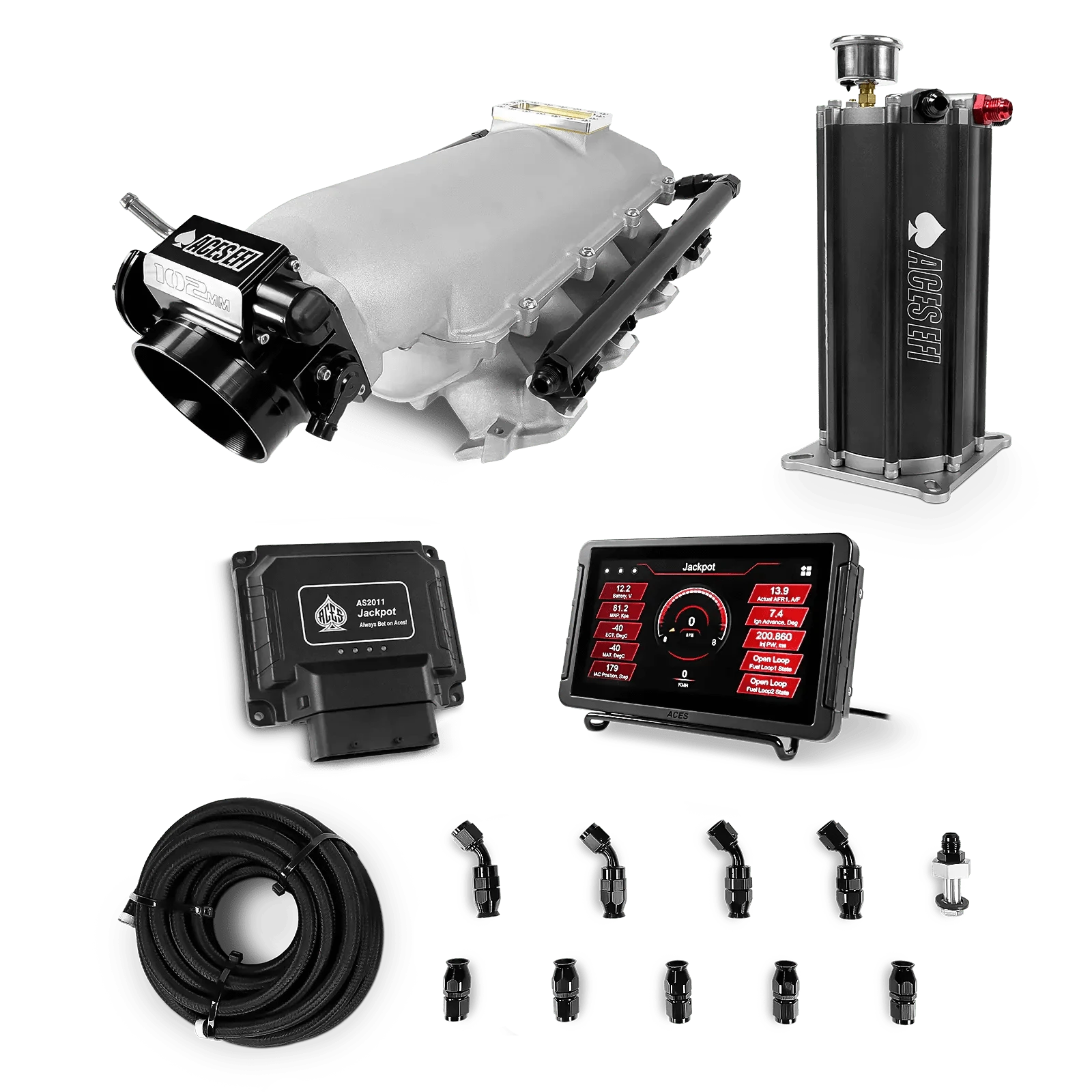 Aces Fuel Injection Jackpot LS - DBC & Manual Trans / 800 HP LS1/LS2/LS6 Lo-Ram Cast Intake (Cast Finish) / Cathedral Port Jackpot LS EFI System - Master Kit with Command Center 2 Surge Tank