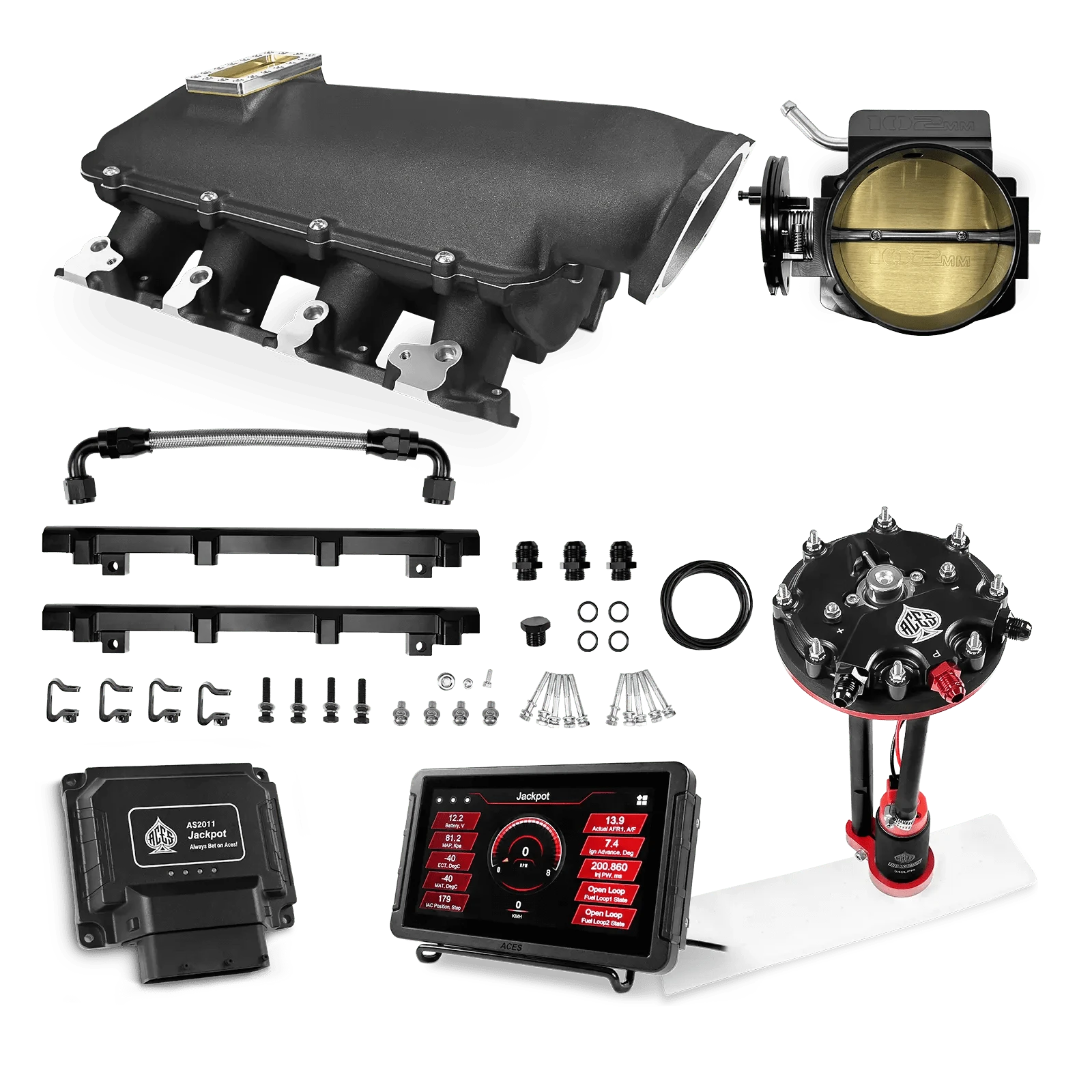 Aces Fuel Injection Jackpot LS - DBC & Manual Trans / 800 HP LS1/LS2/LS6 Lo-Ram Intake (Black) / Cathedral Port Jackpot LS EFI System - Master Kit with Tank Conversion Pump Module with Internal Regulator