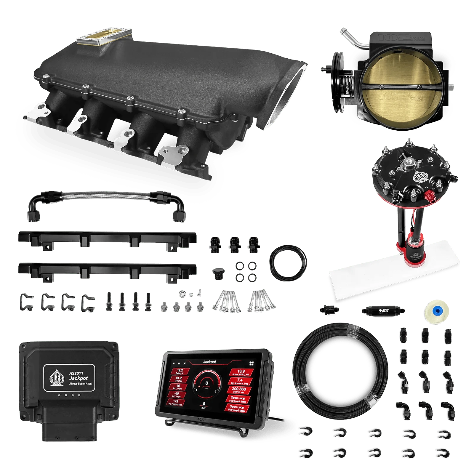 Aces Fuel Injection Jackpot LS - DBC & Manual Trans / 800 HP LS1/LS2/LS6 Lo-Ram Intake (Black) / Cathedral Port Jackpot LS EFI System - Master Kit with Tank Conversion Pump Module with Internal Regulator + 20' PTFE Hose Kit