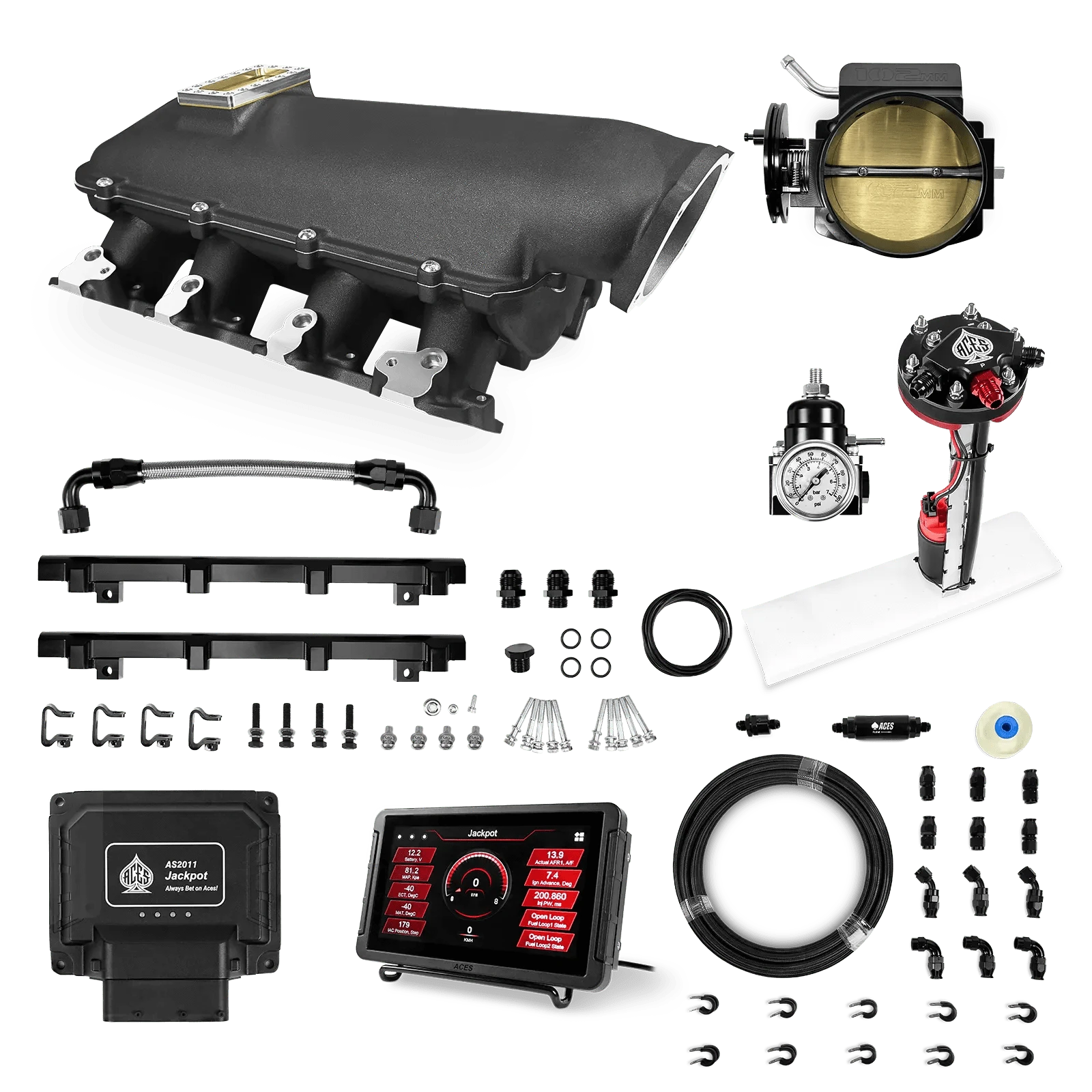 Aces Fuel Injection Jackpot LS - DBC & Manual Trans / 800 HP LS1/LS2/LS6 Lo-Ram Intake (Black) / Cathedral Port Jackpot LS EFI System - Master Kit with Tight Fit In-Tank Pump Module + 40' PTFE Hose Kit