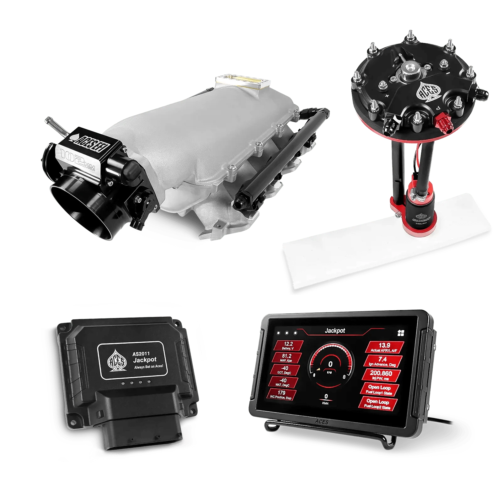 Aces Fuel Injection Jackpot LS - DBC & Manual Trans / 800 HP LS1/LS2/LS6 Lo-Ram Intake (Cast Finish) / Cathedral Port Jackpot LS EFI System - Master Kit with Tank Conversion Pump Module with Internal Regulator