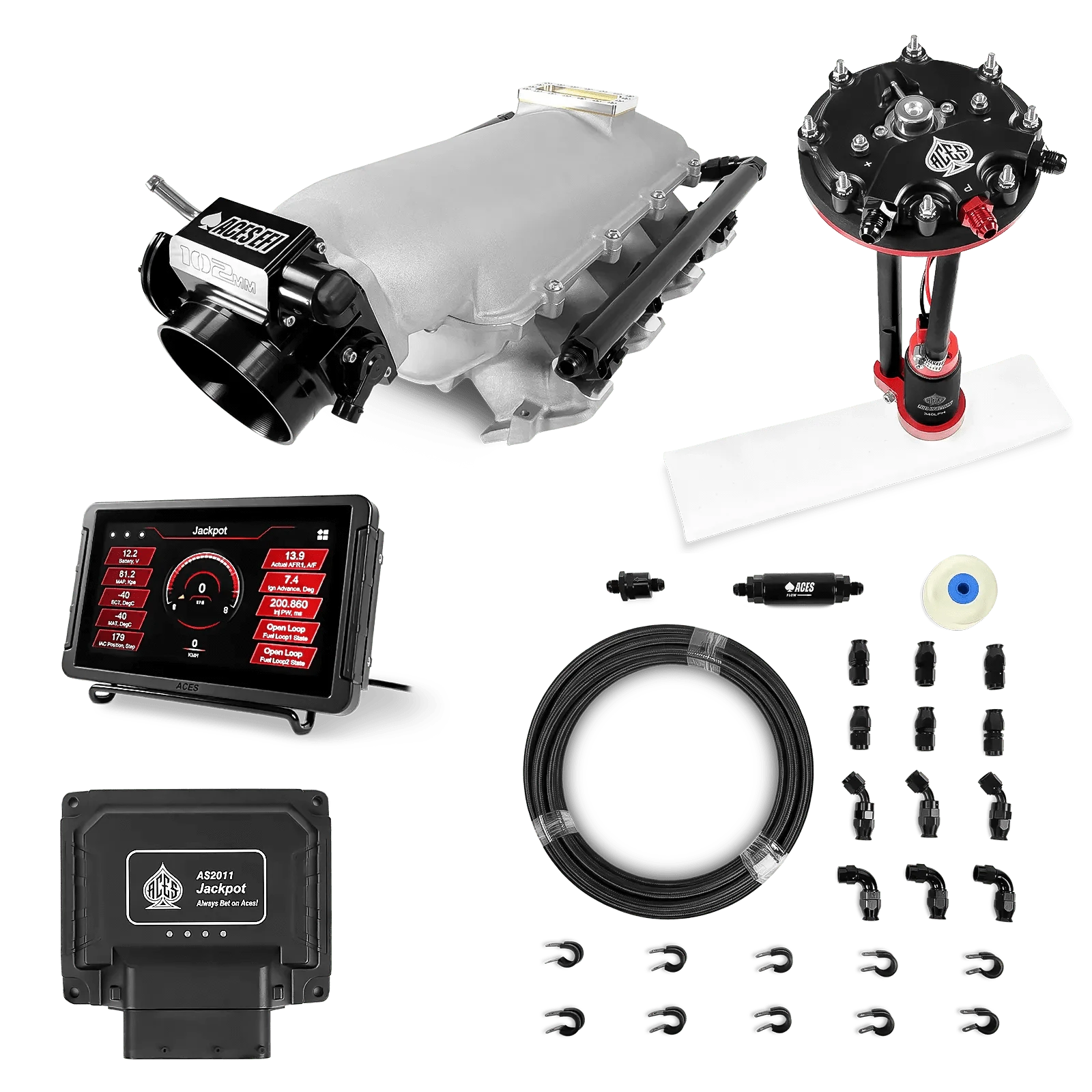 Aces Fuel Injection Jackpot LS - DBC & Manual Trans / 800 HP LS1/LS2/LS6 Lo-Ram Intake / Cathedral Port Jackpot LS EFI System - Master Kit with Tank Conversion Pump Module with Internal Regulator + 20' PTFE Hose Kit
