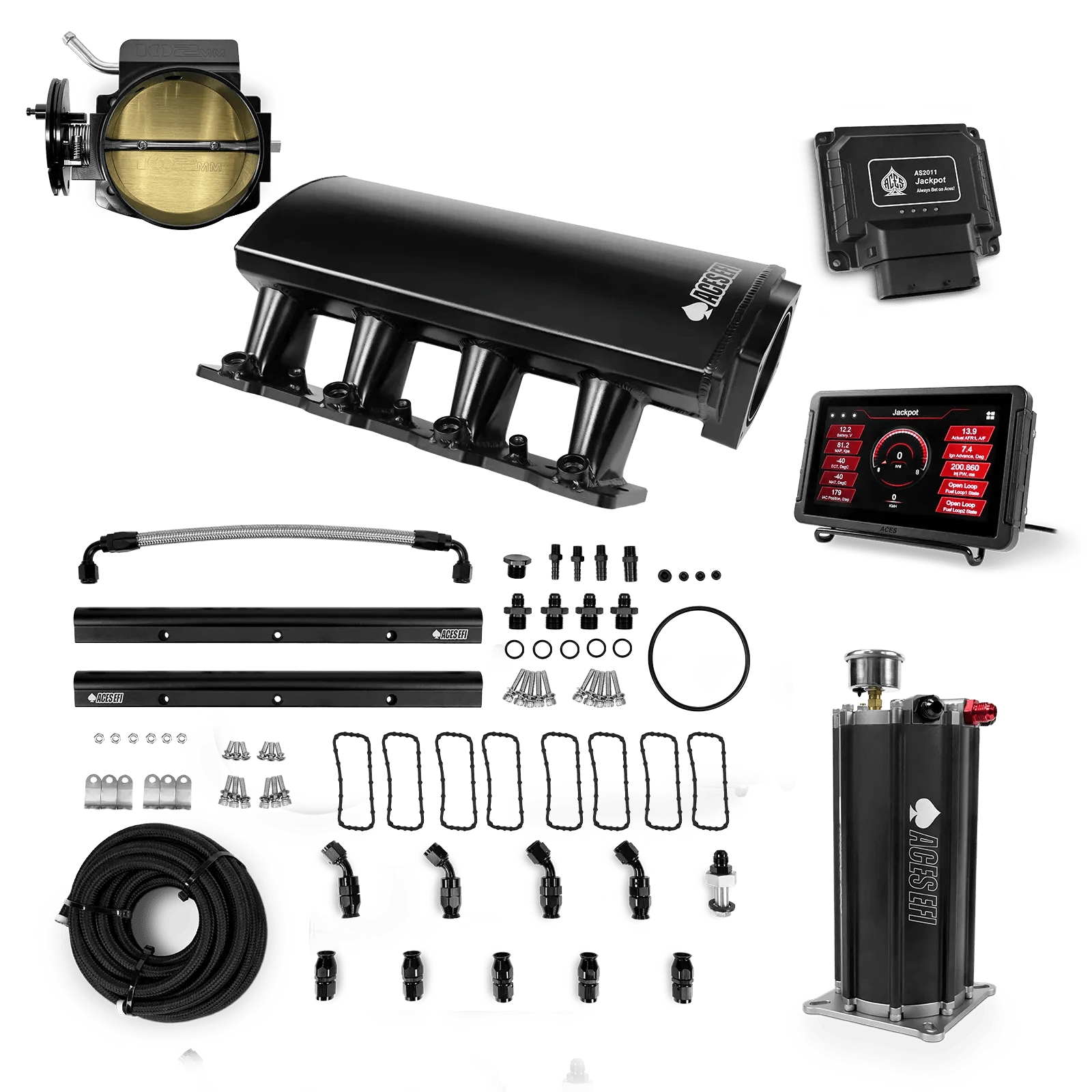 Aces Fuel Injection Jackpot LS - DBC & Manual Trans / 800 HP LS1/LS2/LS6 Short Fabricated Intake / Cathedral Port Jackpot LS EFI System - Master Kit with Command Center 2 Surge Tank