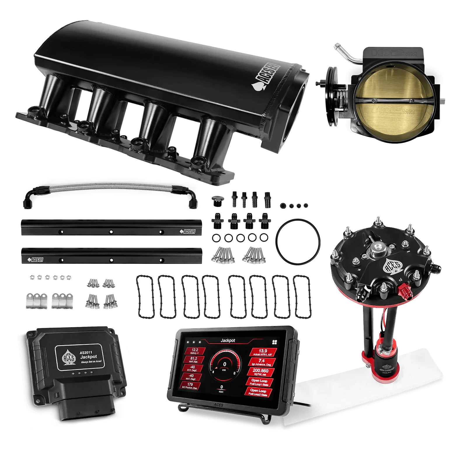 Aces Fuel Injection Jackpot LS - DBC & Manual Trans / 800 HP LS1/LS2/LS6 Short Fabricated Intake / Cathedral Port Jackpot LS EFI System - Master Kit with Tank Conversion Pump Module with Internal Regulator