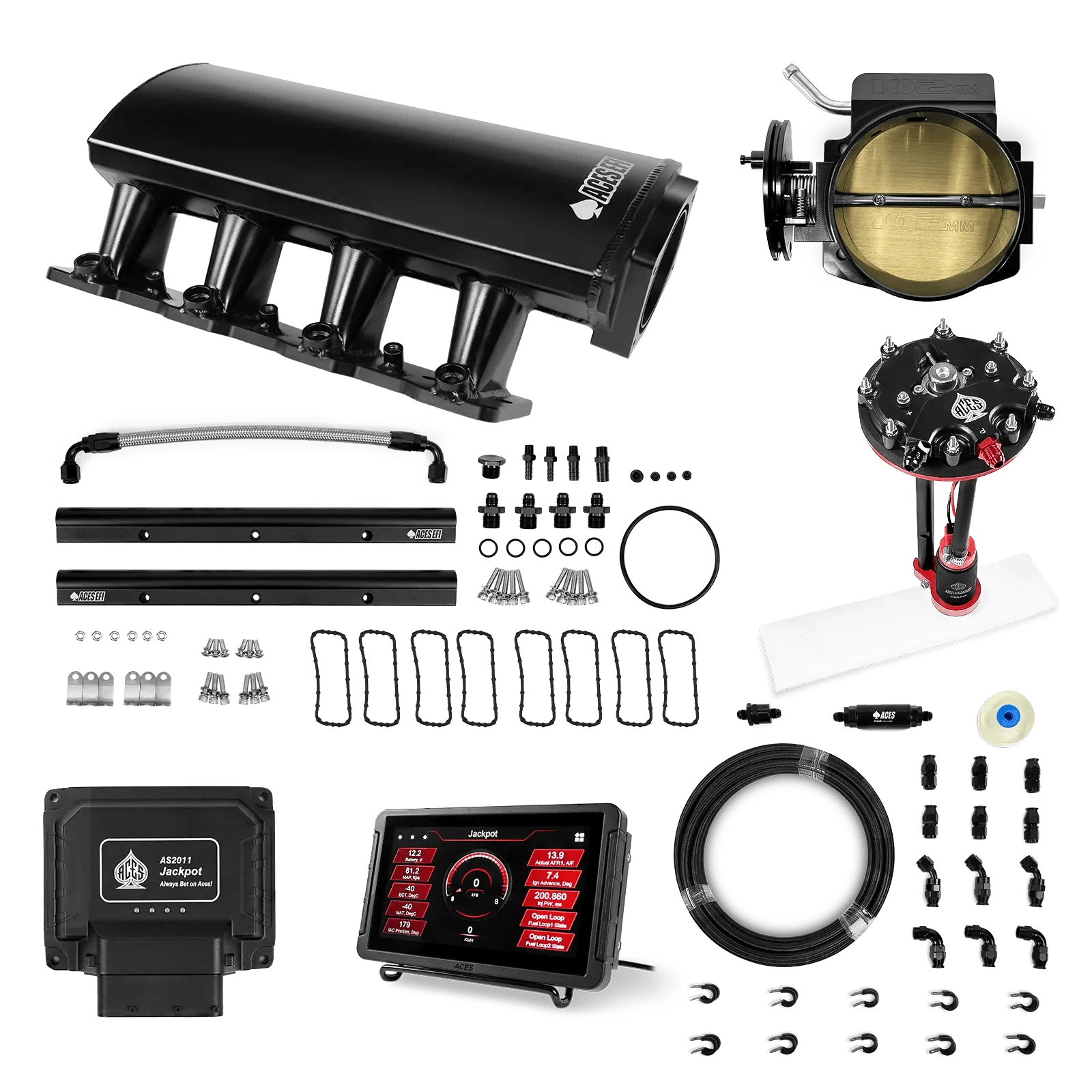 Aces Fuel Injection Jackpot LS - DBC & Manual Trans / 800 HP LS1/LS2/LS6 Short Fabricated Intake / Cathedral Port Jackpot LS EFI System - Master Kit with Tank Conversion Pump Module with Internal Regulator + 20' PTFE Hose Kit