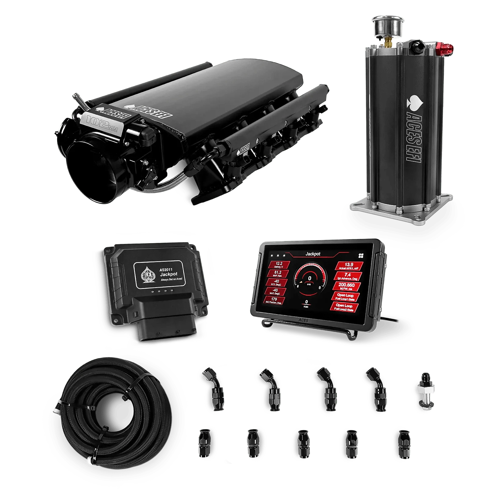Aces Fuel Injection Jackpot LS - DBC & Manual Trans / 800 HP LS3/LS92 Short Fabricated Intake / Rectangle Port Jackpot LS EFI System - Master Kit with Command Center 2 Surge Tank