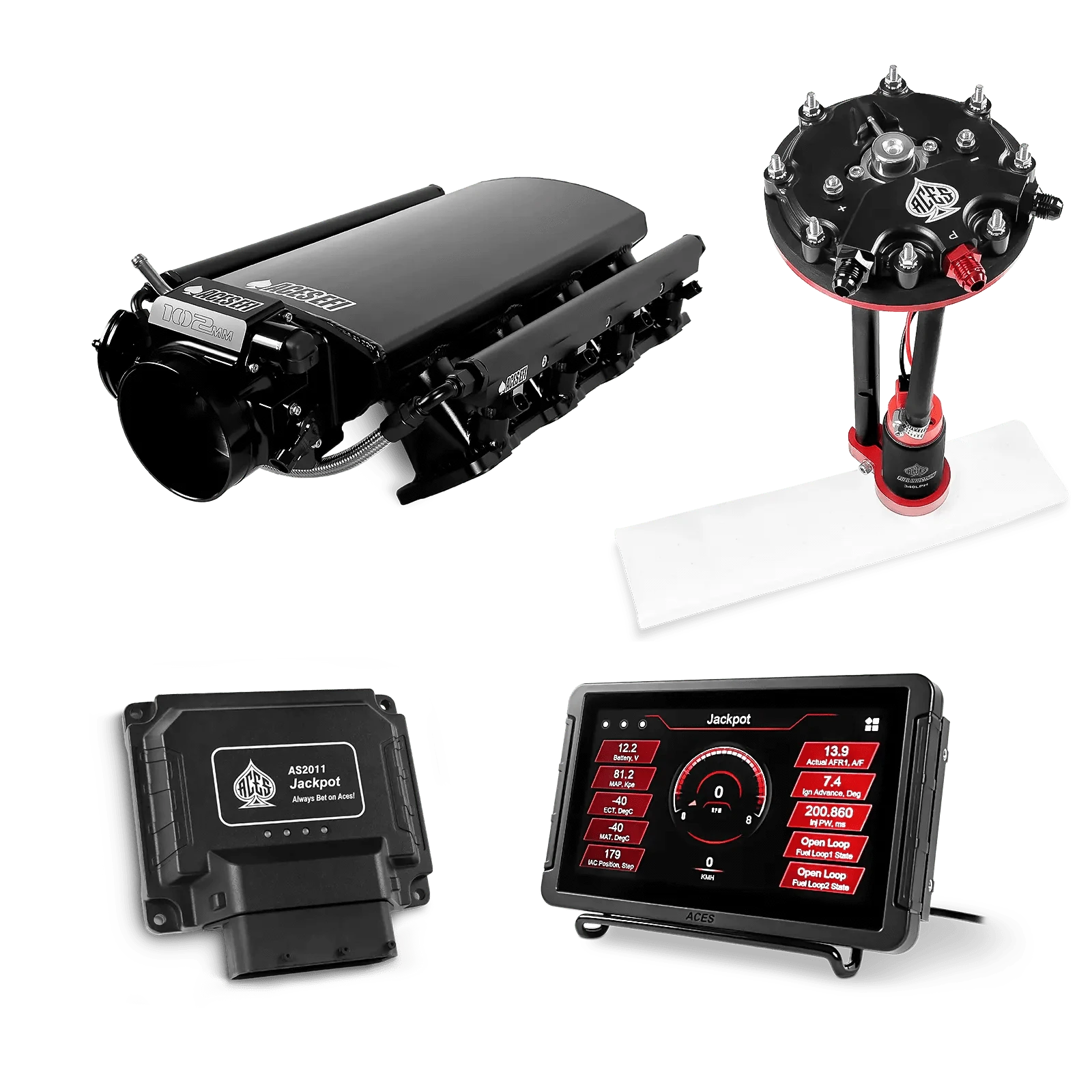 Aces Fuel Injection Jackpot LS - DBC & Manual Trans / 800 HP LS3/LS92 Short Fabricated Intake / Rectangle Port Jackpot LS EFI System - Master Kit with Tank Conversion Pump Module with Internal Regulator