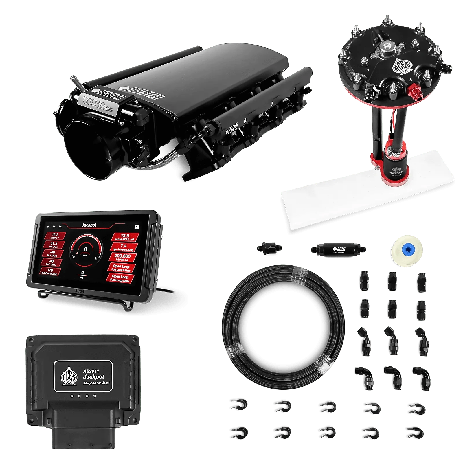 Aces Fuel Injection Jackpot LS - DBC & Manual Trans / 800 HP LS3/LS92 Short Fabricated Intake / Rectangle Port Jackpot LS EFI System - Master Kit with Tank Conversion Pump Module with Internal Regulator + 20' PTFE Hose Kit