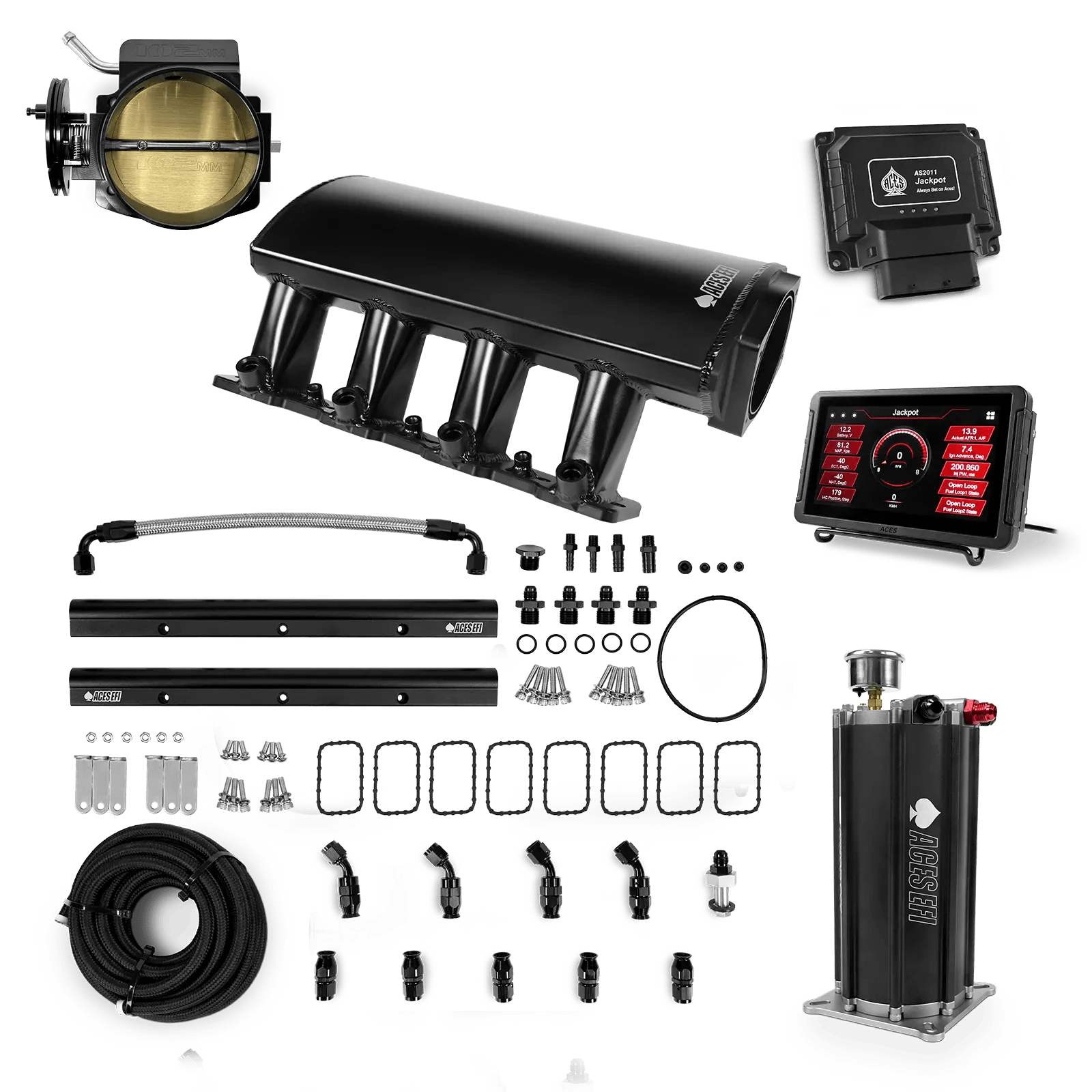 Aces Fuel Injection Jackpot LS - DBC & Manual Trans / 800 HP LS7 Fabricated Intake / Large Rectangle Port Jackpot LS EFI System - Master Kit with Command Center 2 Surge Tank