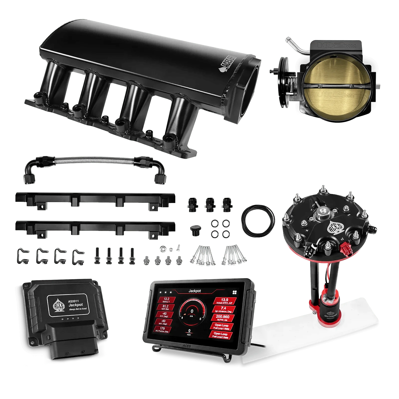 Aces Fuel Injection Jackpot LS - DBC & Manual Trans / 800 HP LS7 Fabricated Intake / Large Rectangle Port Jackpot LS EFI System - Master Kit with Tank Conversion Pump Module with Internal Regulator