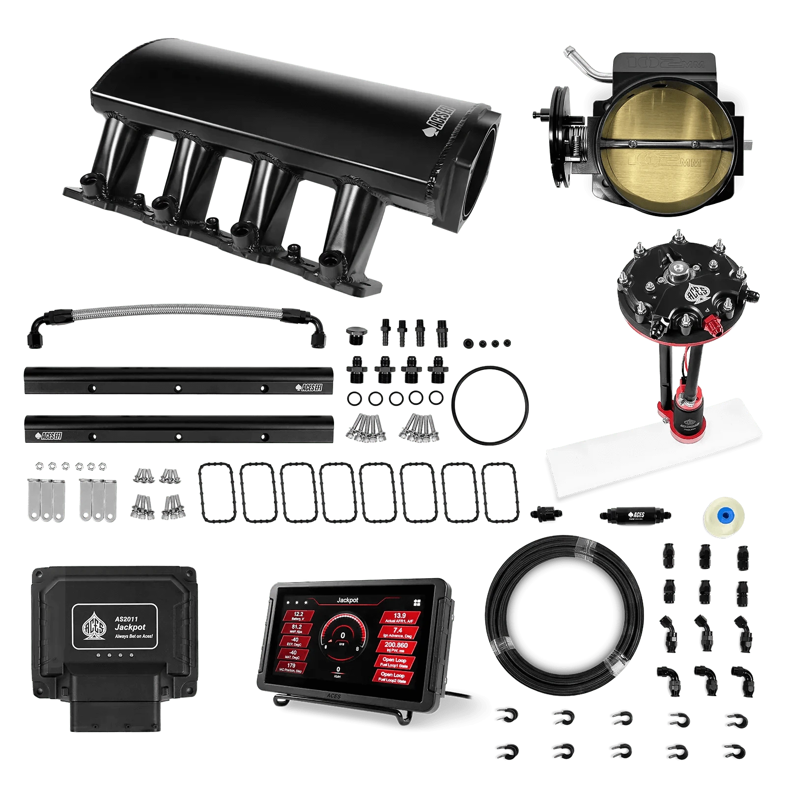 Aces Fuel Injection Jackpot LS - DBC & Manual Trans / 800 HP LS7 Fabricated Intake / Large Rectangle Port Jackpot LS EFI System - Master Kit with Tank Conversion Pump Module with Internal Regulator + 20' PTFE Hose Kit