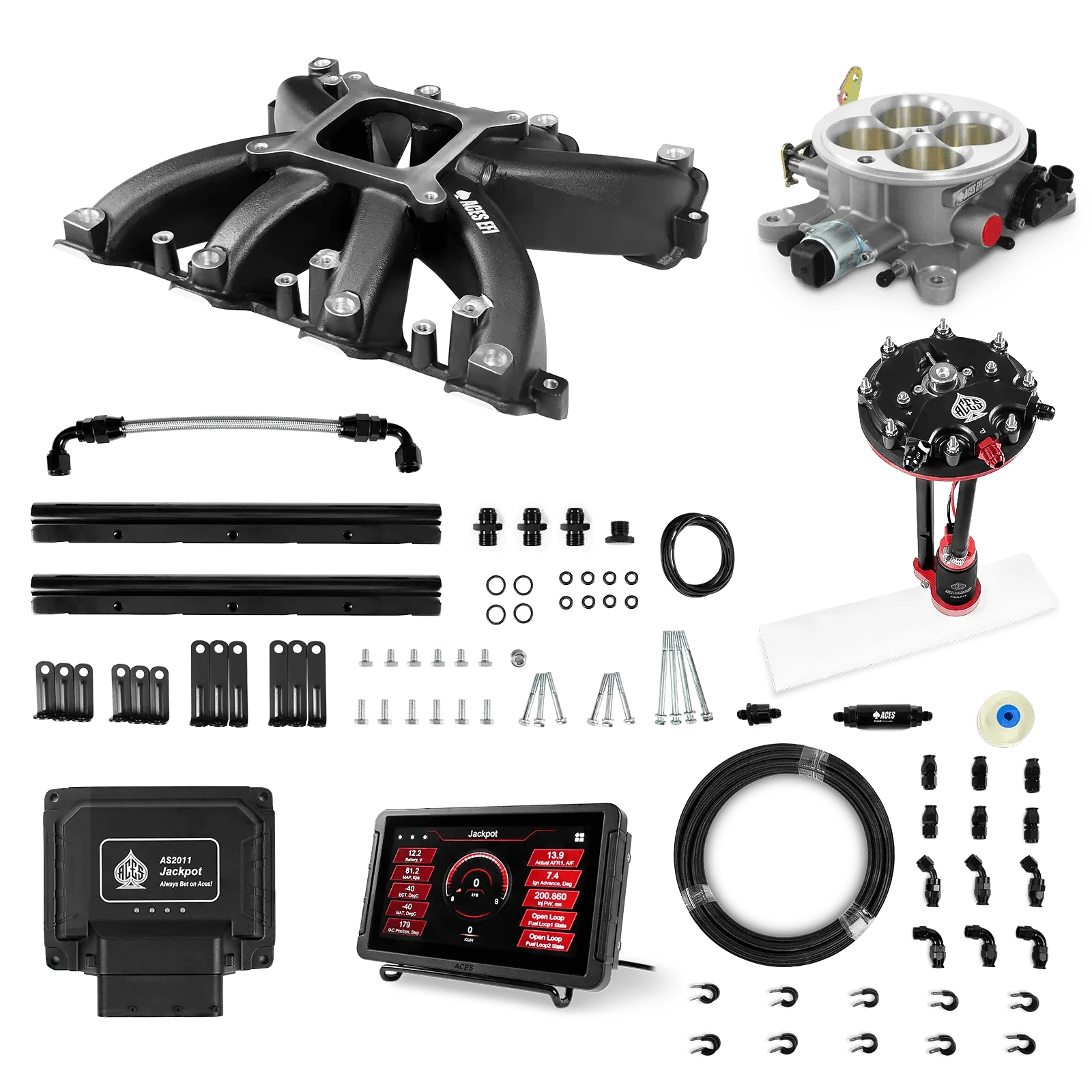 Aces Fuel Injection Jackpot LS - DBC & Manual Trans / 800 HP Mid-Rise Intake (Black Finish) / Rectangle Port Jackpot LS EFI System - Master Kit with Tank Conversion Pump Module with Internal Regulator + 20' PTFE Hose Kit