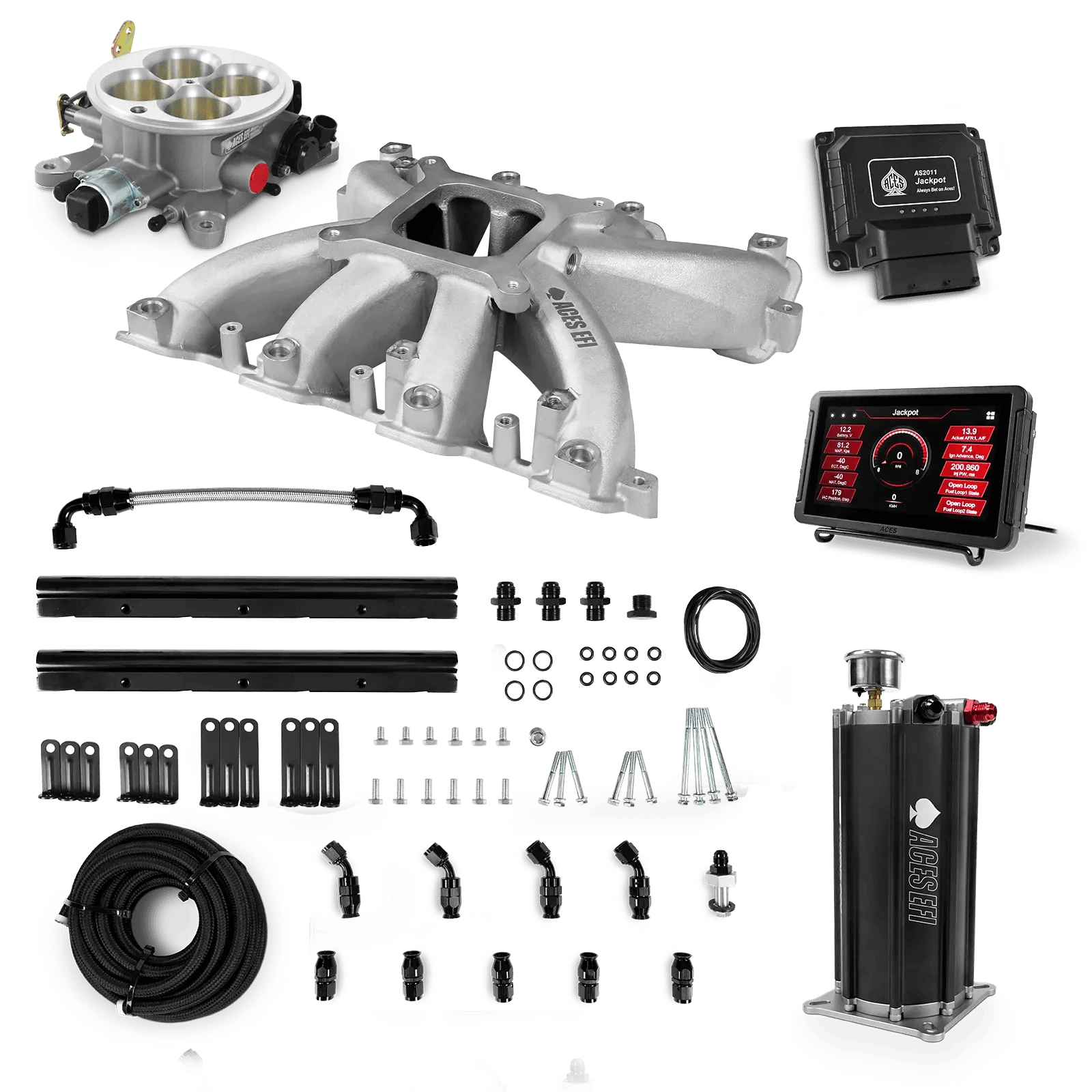 Aces Fuel Injection Jackpot LS - DBC & Manual Trans / 800 HP Mid-Rise Intake (Cast Finish) / Rectangle Port Jackpot LS EFI System - Master Kit with Command Center 2 Surge Tank
